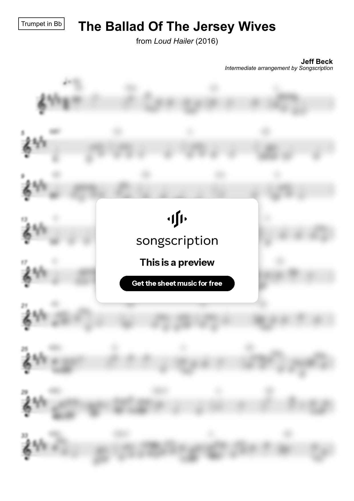 Intermediate Trumpet Sheet Music for "The Ballad Of The Jersey Wives" by Jeff Beck