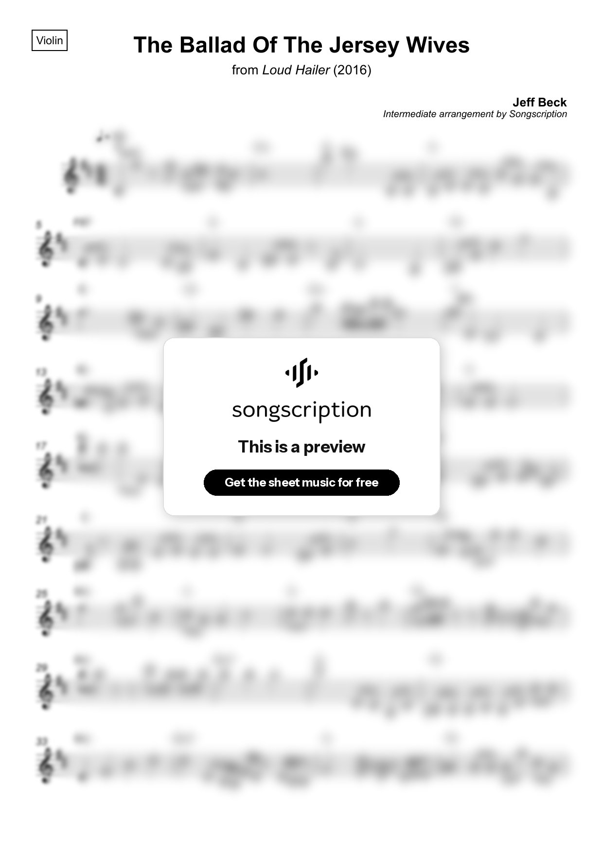 Intermediate Violin Sheet Music for "The Ballad Of The Jersey Wives" by Jeff Beck