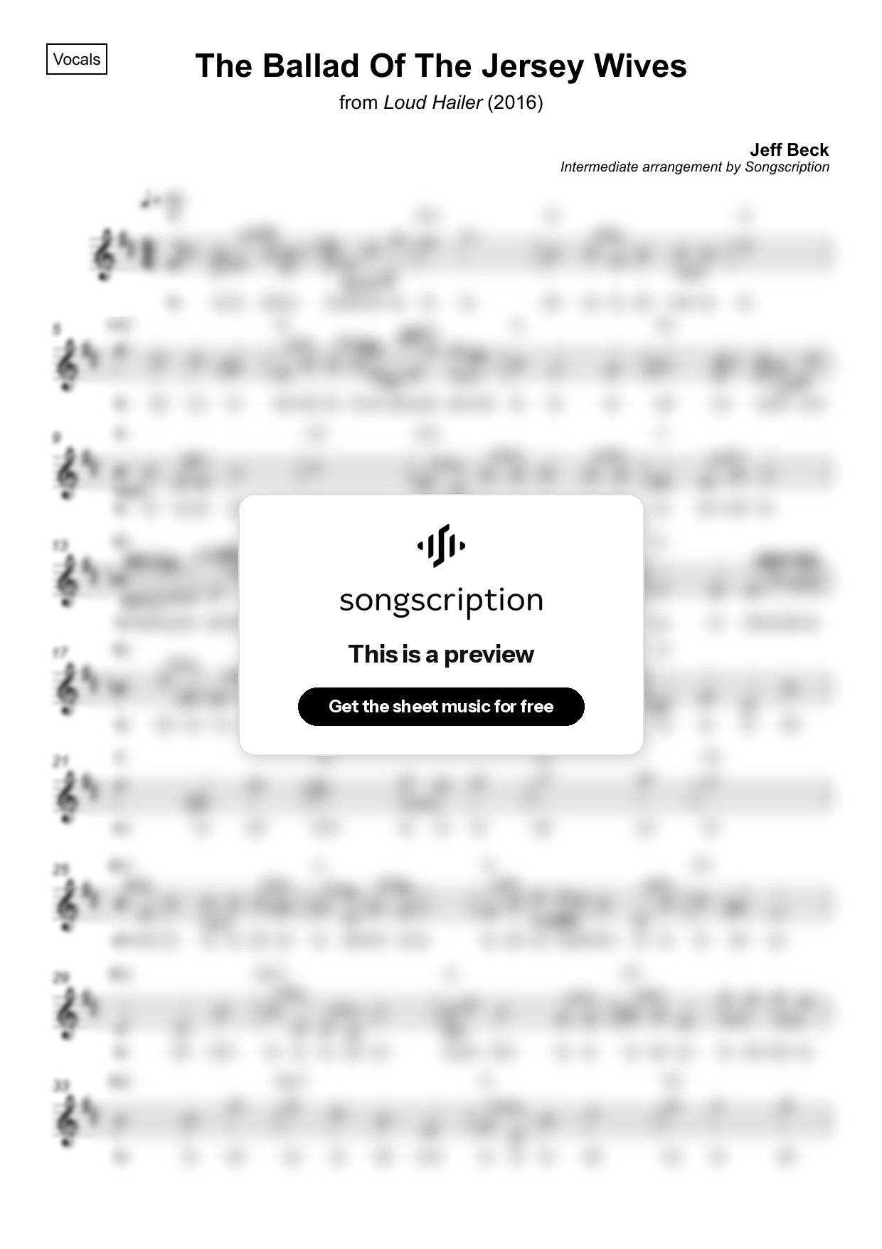 Intermediate Vocals Sheet Music for "The Ballad Of The Jersey Wives" by Jeff Beck