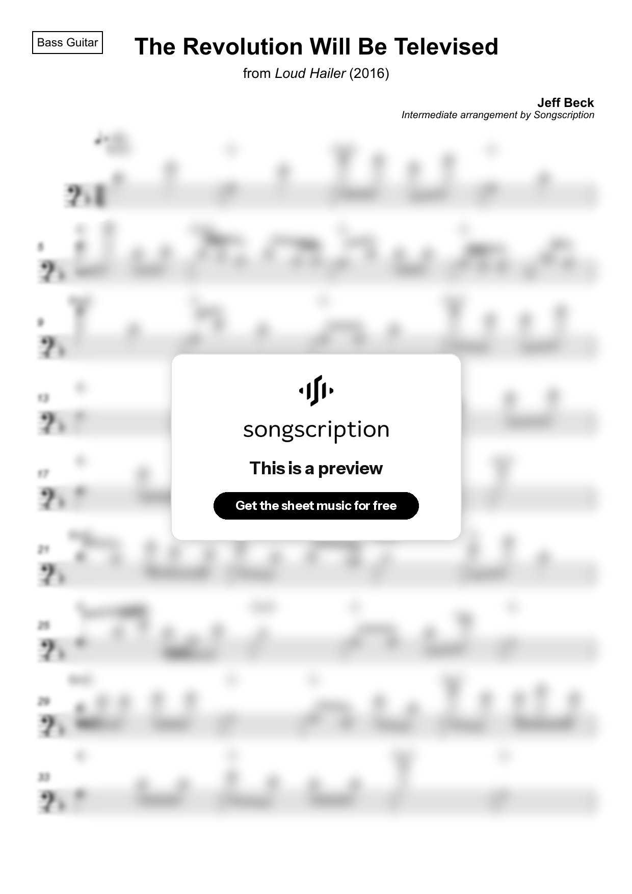 Intermediate Bass Guitar Sheet Music for "The Revolution Will Be Televised" by Jeff Beck