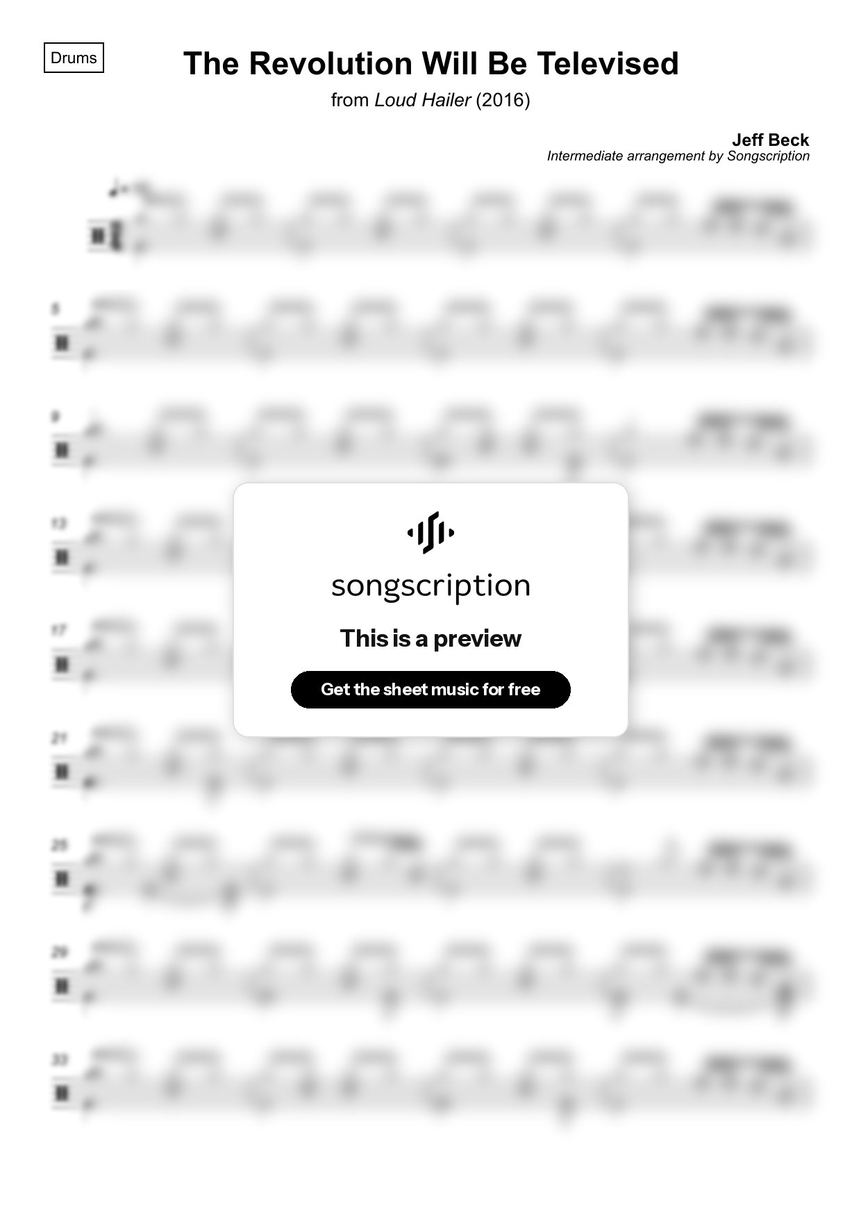 Intermediate Drums Sheet Music for "The Revolution Will Be Televised" by Jeff Beck