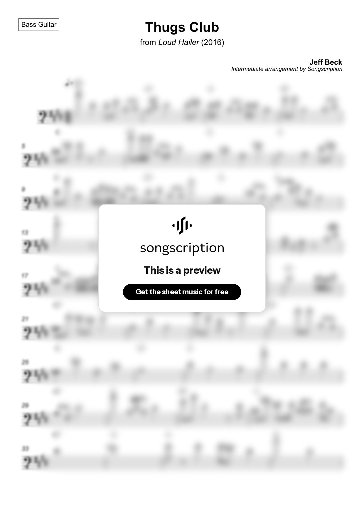 Intermediate Bass Guitar Sheet Music for "Thugs Club" by Jeff Beck