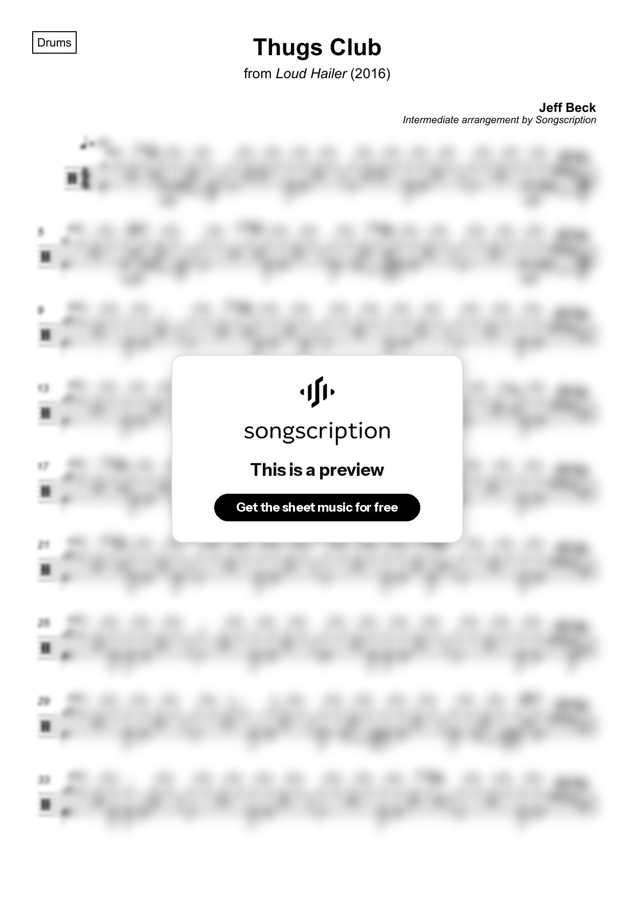 Intermediate Drums Sheet Music for "Thugs Club" by Jeff Beck