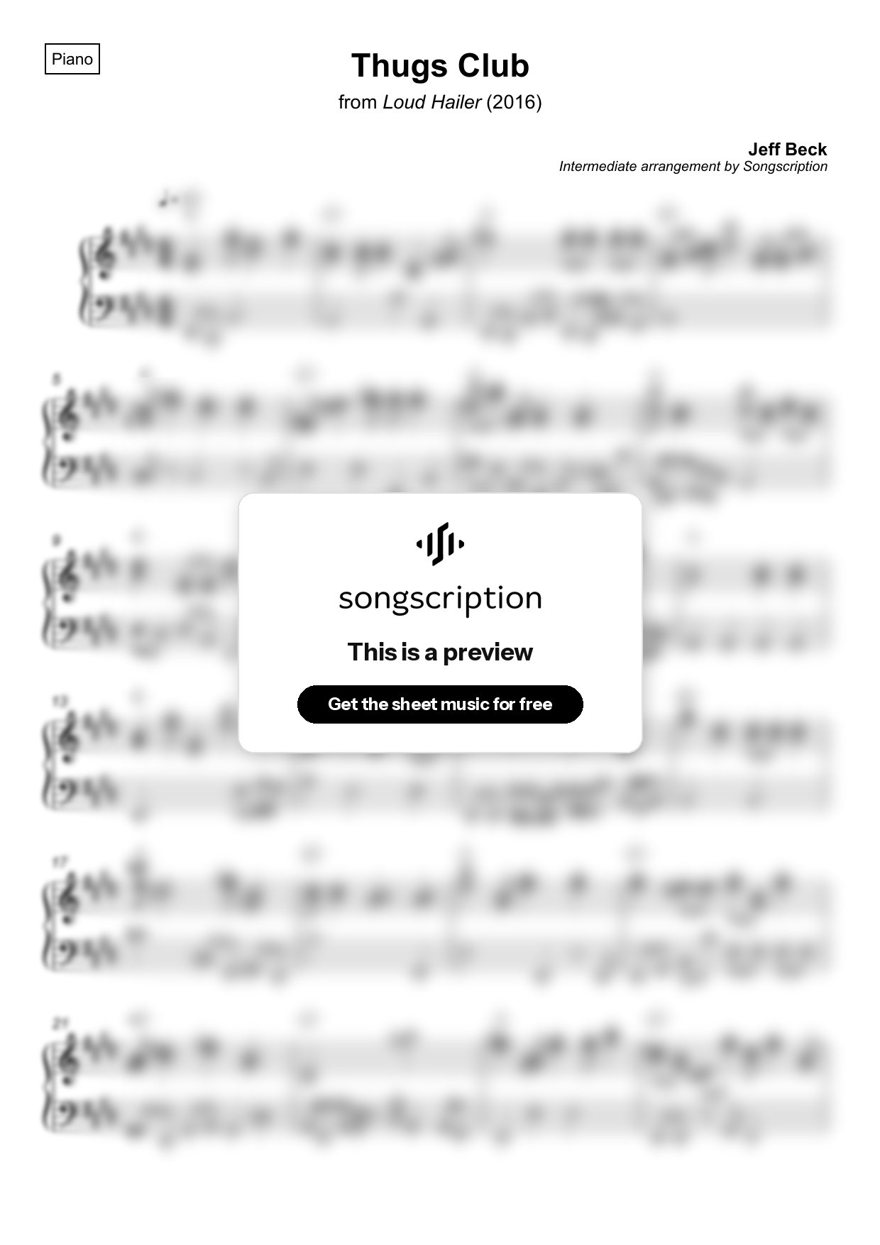 Intermediate Piano Sheet Music for "Thugs Club" by Jeff Beck