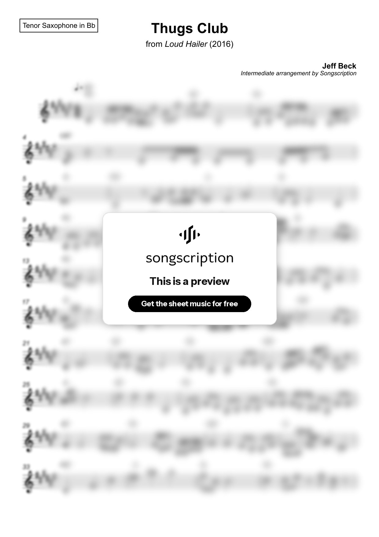 Intermediate Tenor Sax Sheet Music for "Thugs Club" by Jeff Beck