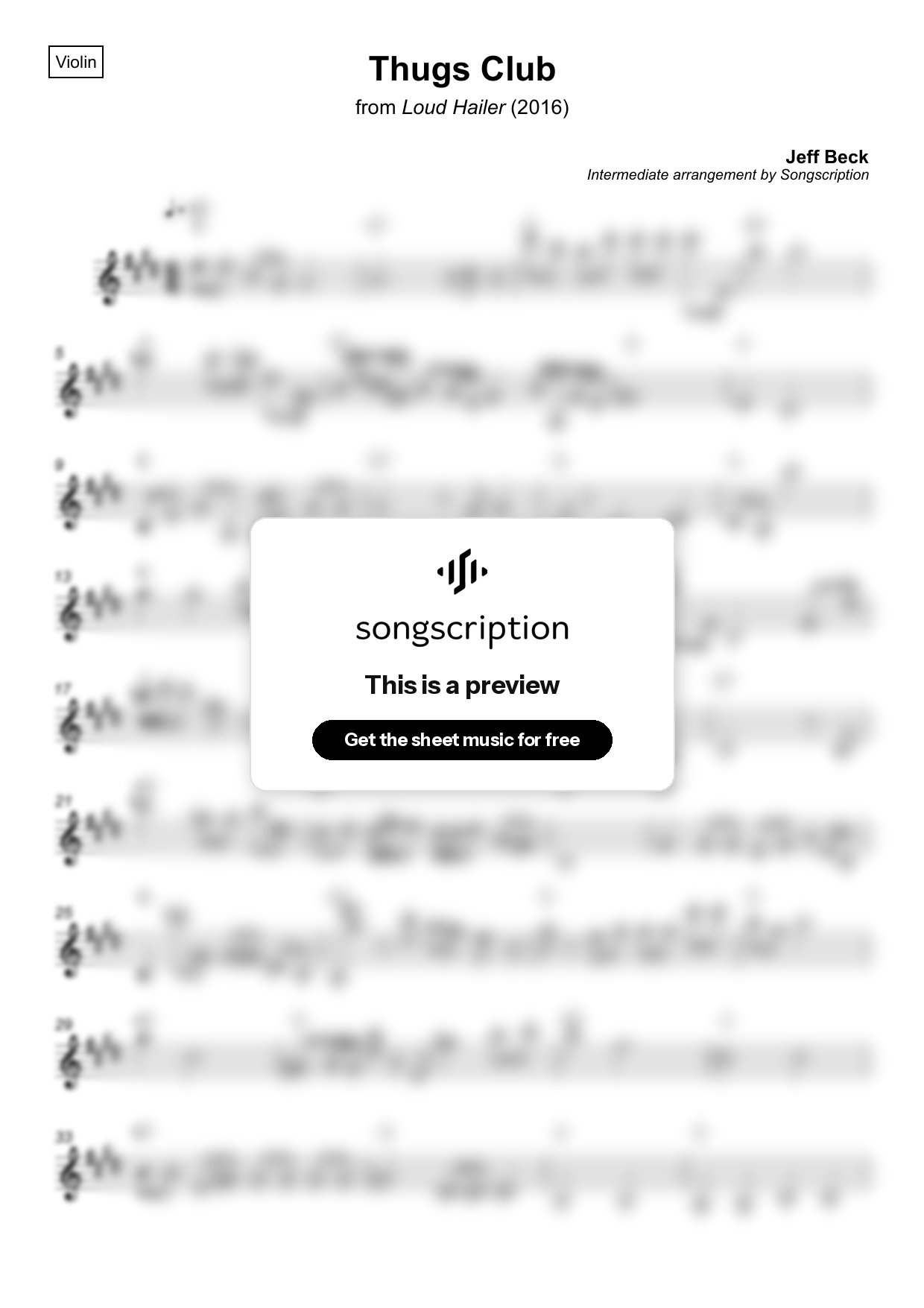 Intermediate Violin Sheet Music for "Thugs Club" by Jeff Beck