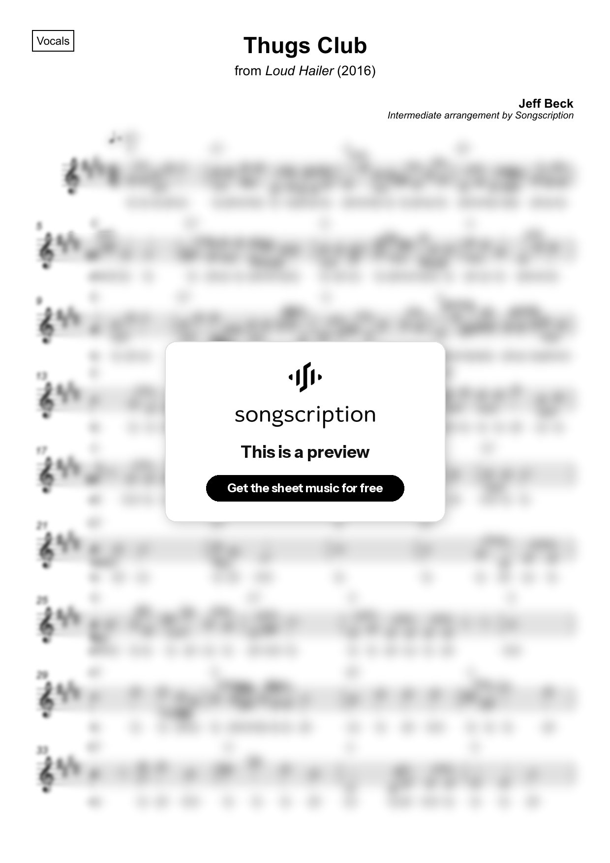 Intermediate Vocals Sheet Music for "Thugs Club" by Jeff Beck