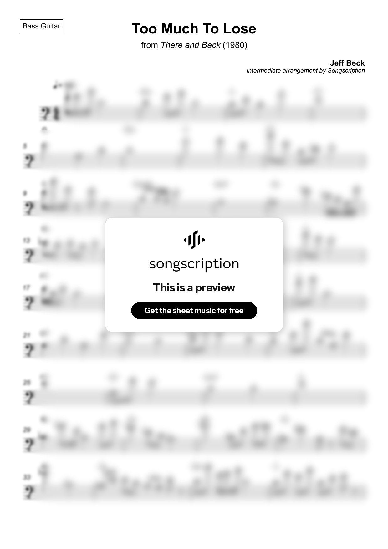 Intermediate Bass Guitar Sheet Music for "Too Much To Lose" by Jeff Beck