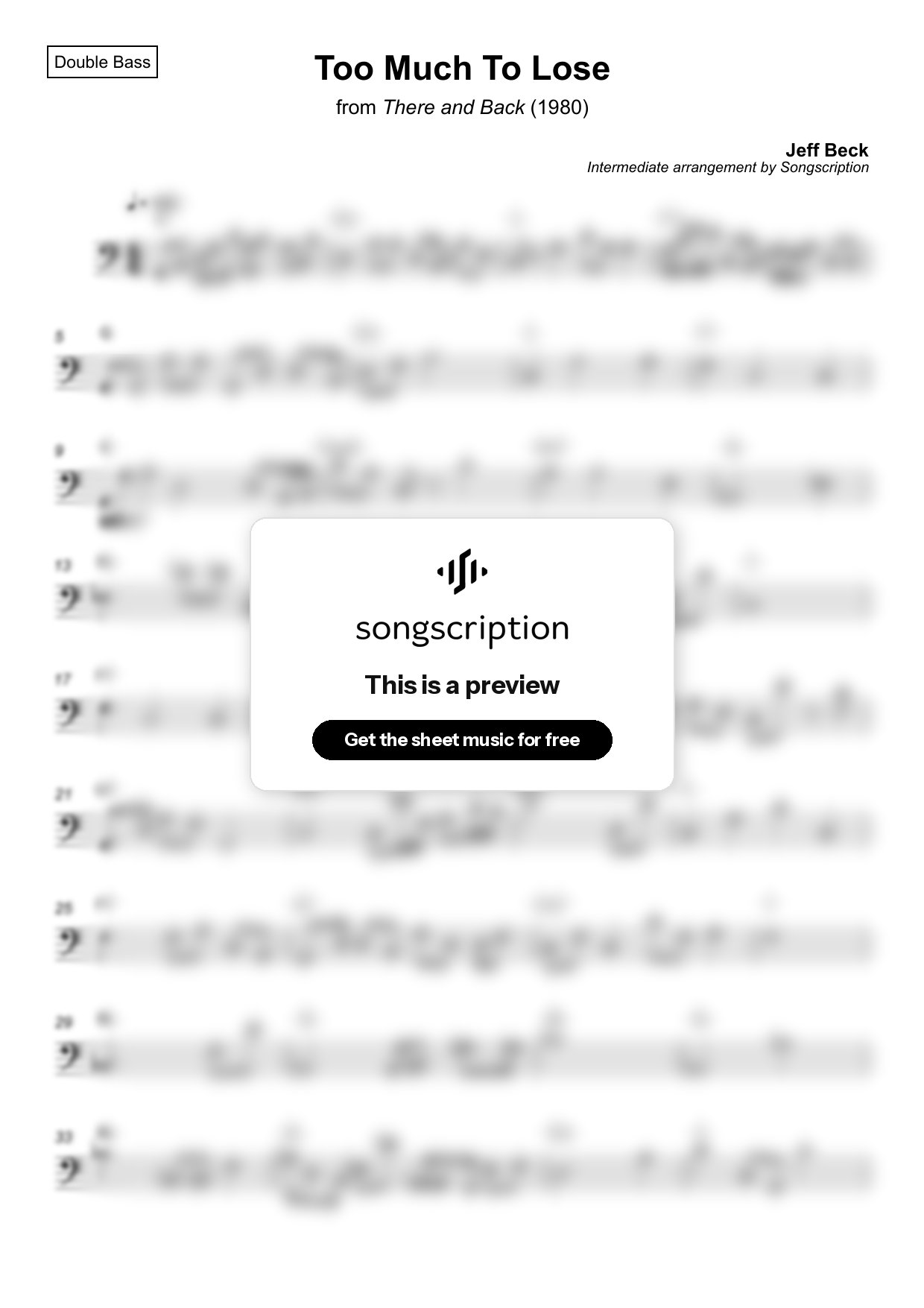 Intermediate Double Bass Sheet Music for "Too Much To Lose" by Jeff Beck