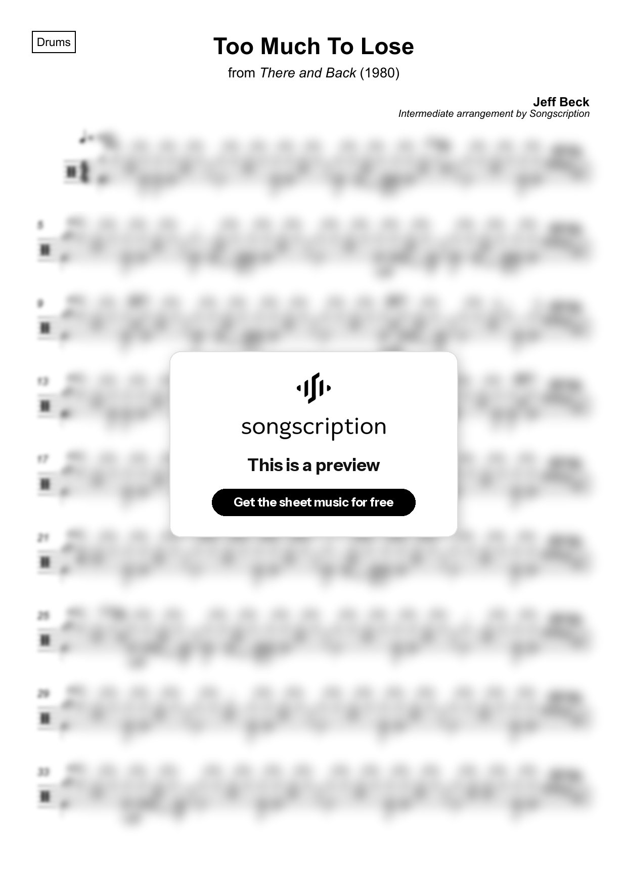 Intermediate Drums Sheet Music for "Too Much To Lose" by Jeff Beck