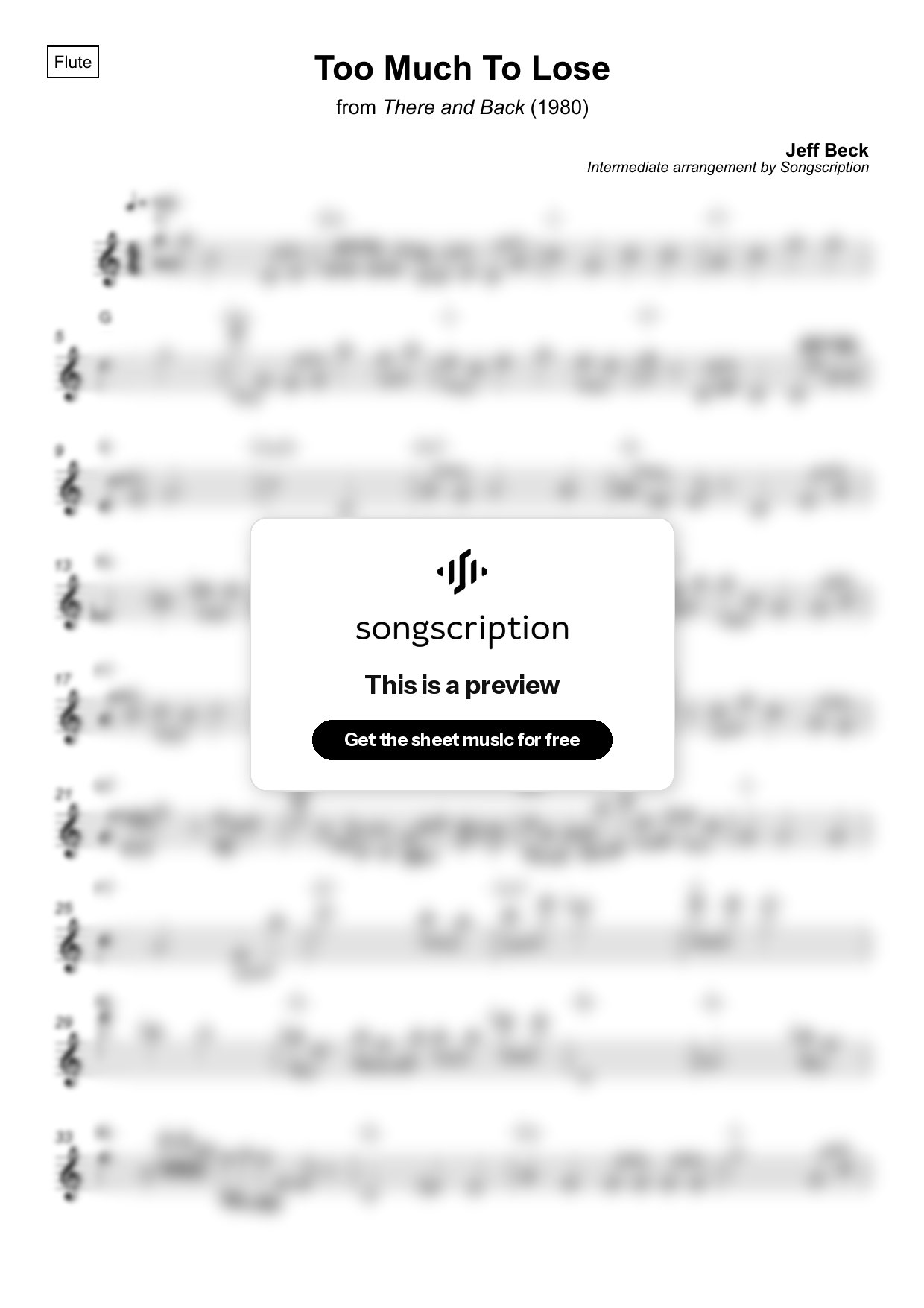 Intermediate Flute Sheet Music for "Too Much To Lose" by Jeff Beck