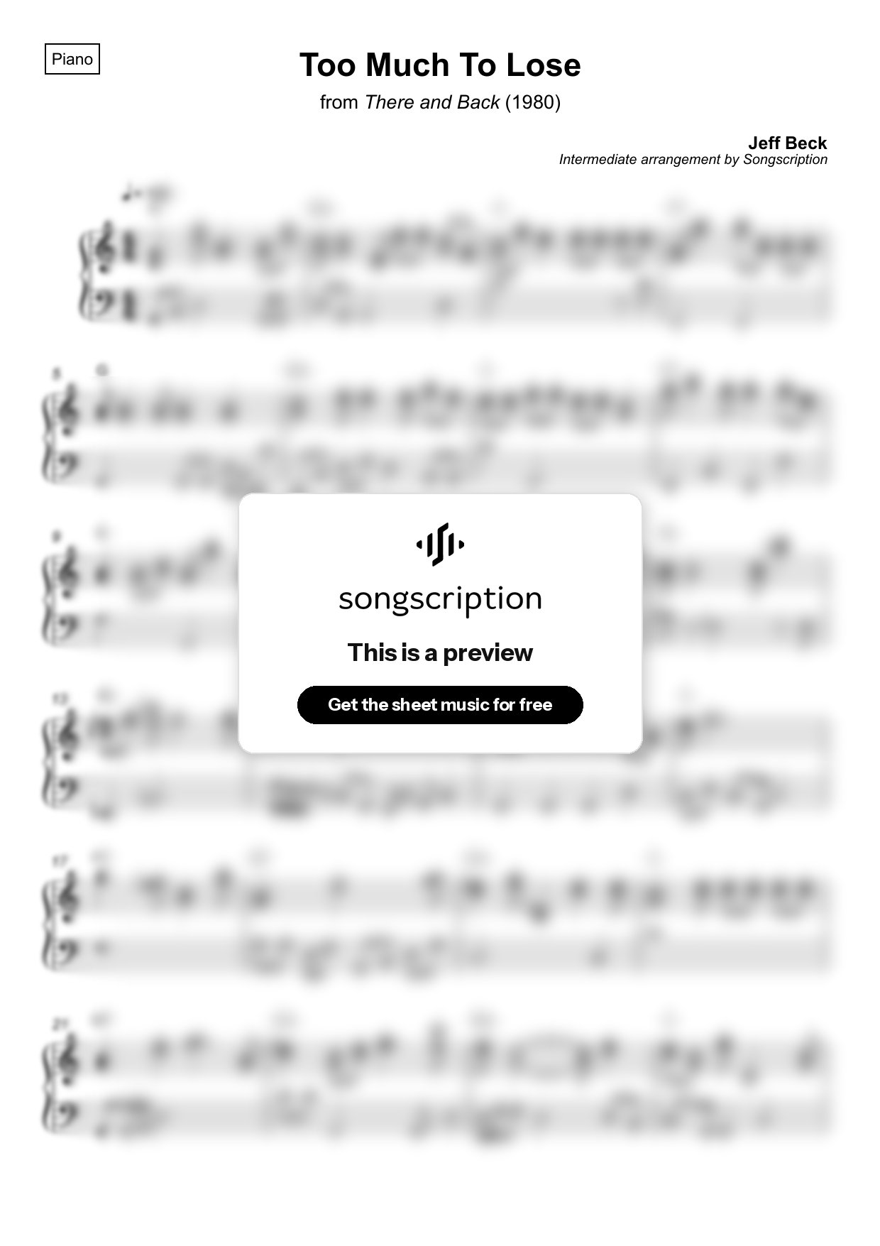 Intermediate Piano Sheet Music for "Too Much To Lose" by Jeff Beck