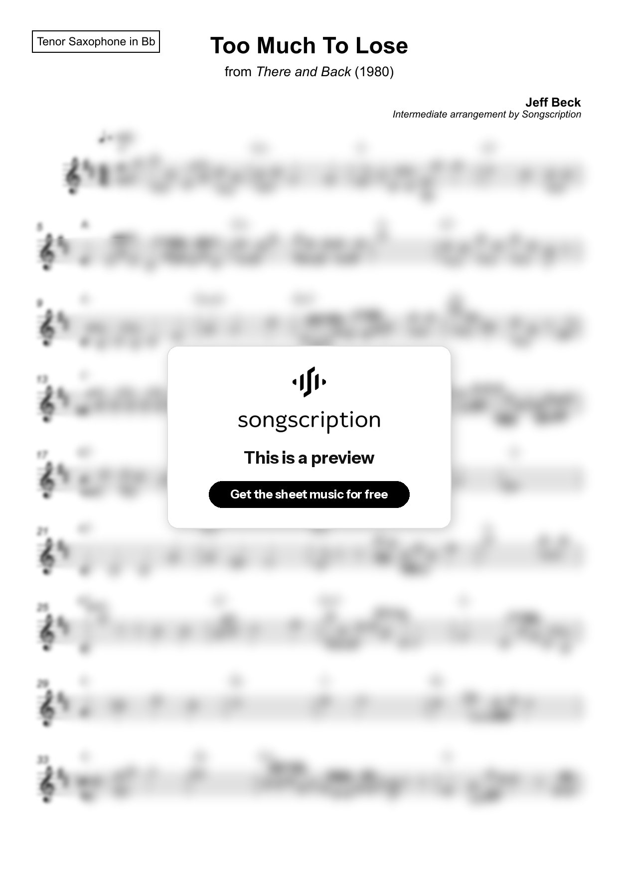 Intermediate Tenor Sax Sheet Music for "Too Much To Lose" by Jeff Beck
