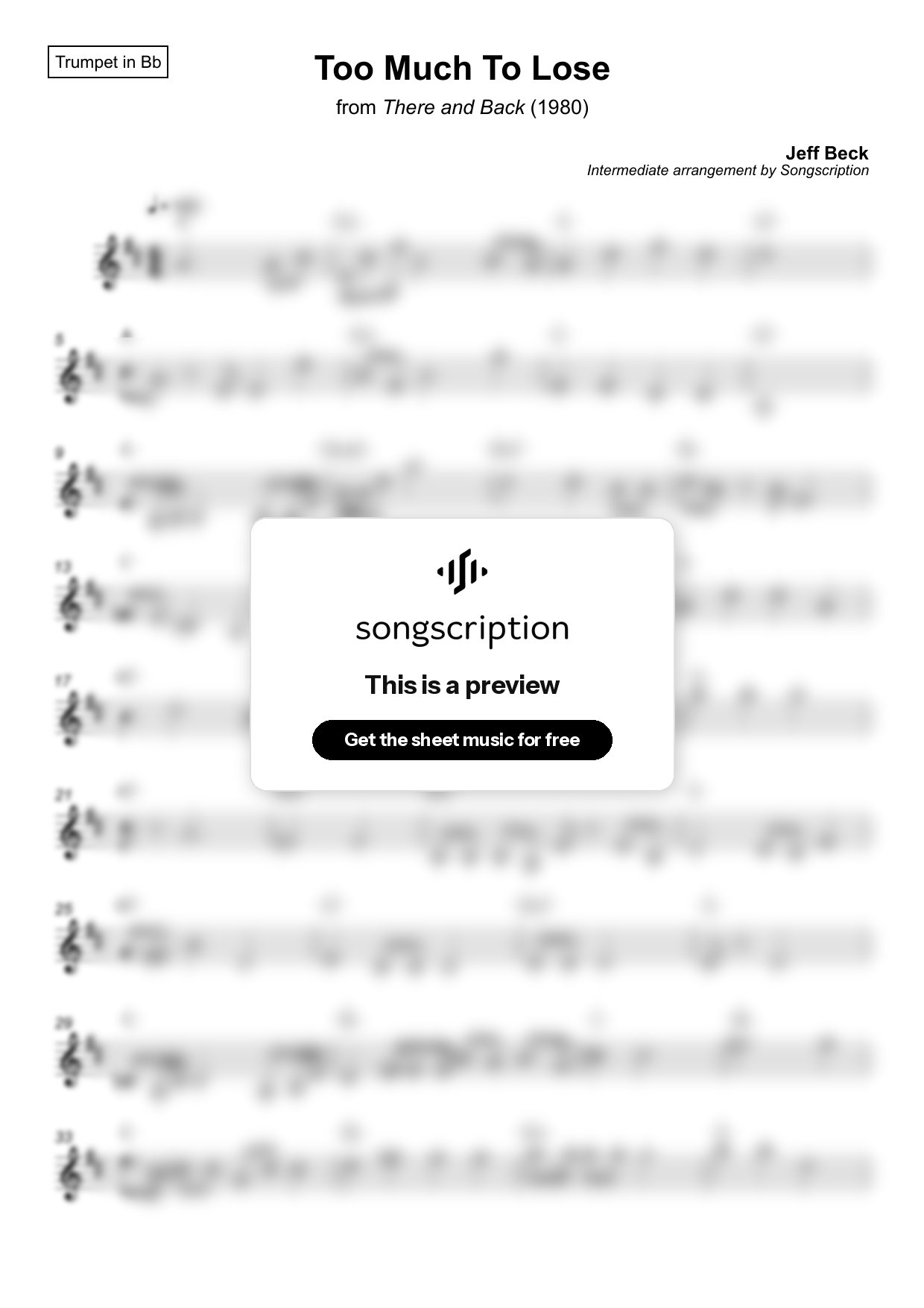 Intermediate Trumpet Sheet Music for "Too Much To Lose" by Jeff Beck