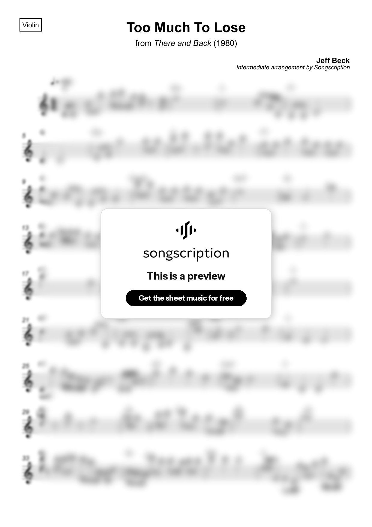 Intermediate Violin Sheet Music for "Too Much To Lose" by Jeff Beck