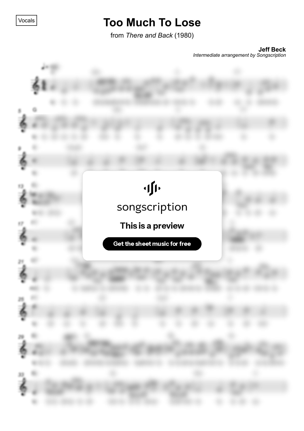 Intermediate Vocals Sheet Music for "Too Much To Lose" by Jeff Beck