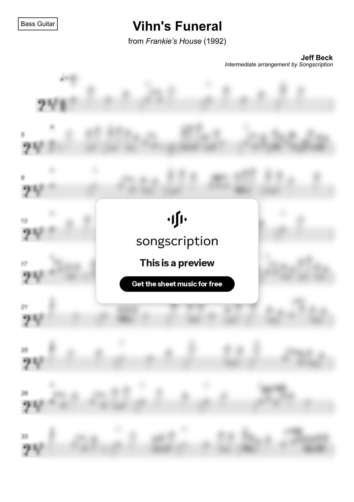 Intermediate Bass Guitar Sheet Music for "Vihn's Funeral" by Jeff Beck