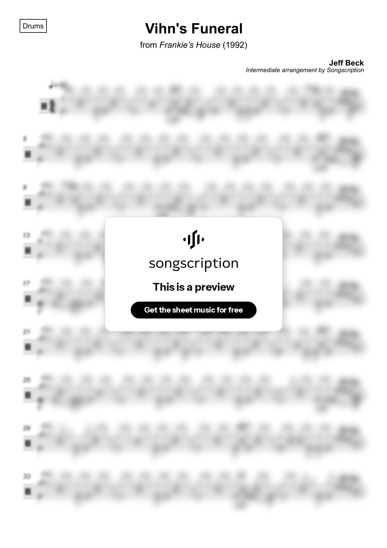 Intermediate Drums Sheet Music for "Vihn's Funeral" by Jeff Beck