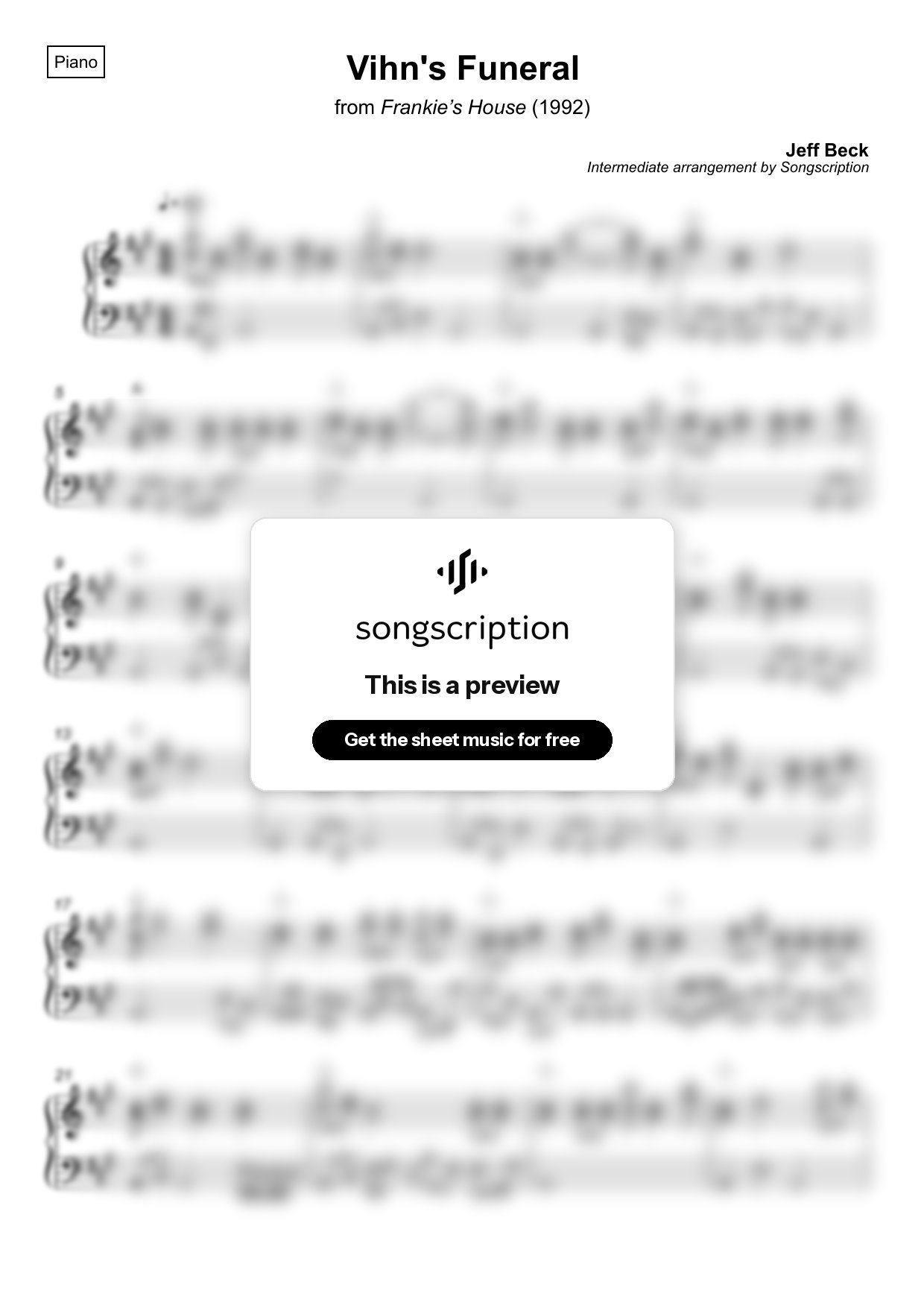 Intermediate Piano Sheet Music for "Vihn's Funeral" by Jeff Beck