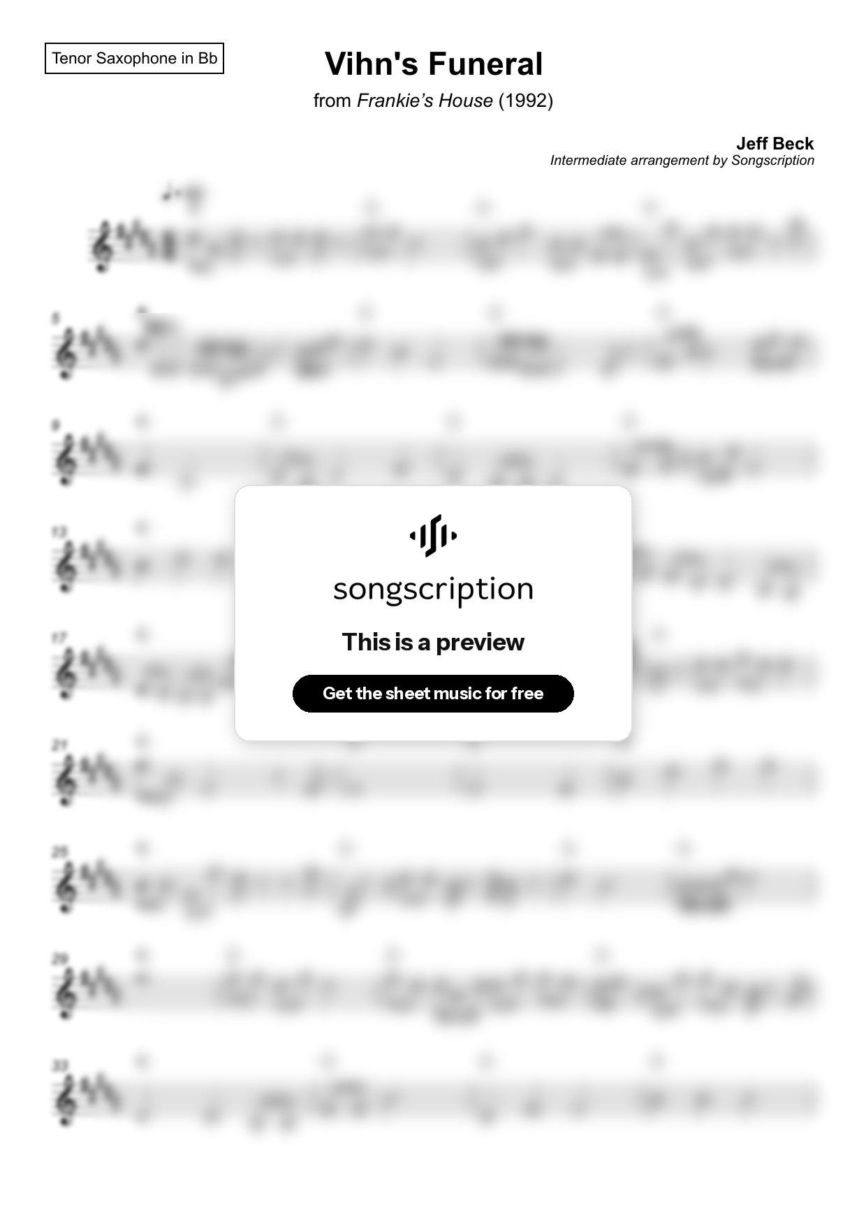 Intermediate Tenor Sax Sheet Music for "Vihn's Funeral" by Jeff Beck