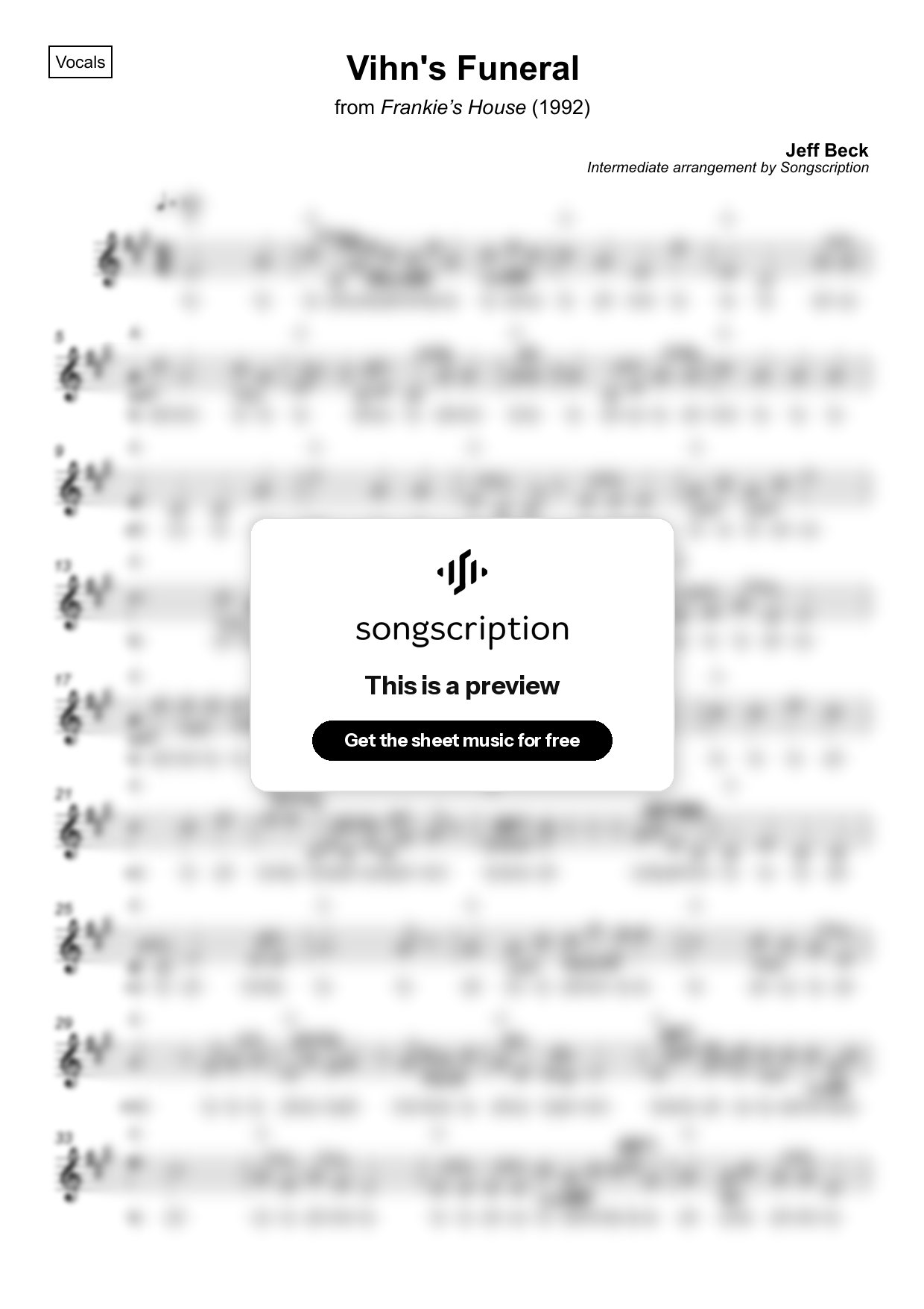 Intermediate Vocals Sheet Music for "Vihn's Funeral" by Jeff Beck