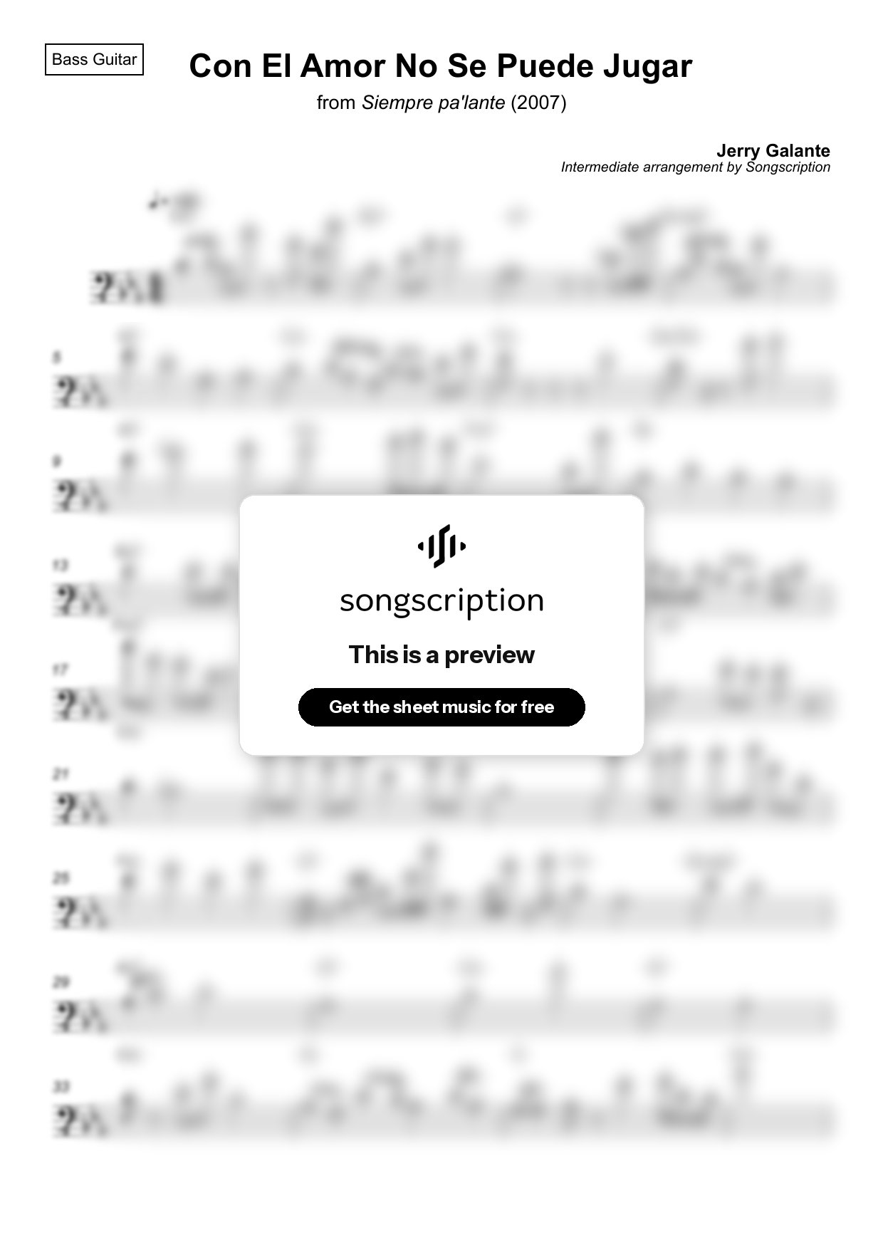 Intermediate Bass Guitar Sheet Music for "Con El Amor No Se Puede Jugar" by Jerry Galante