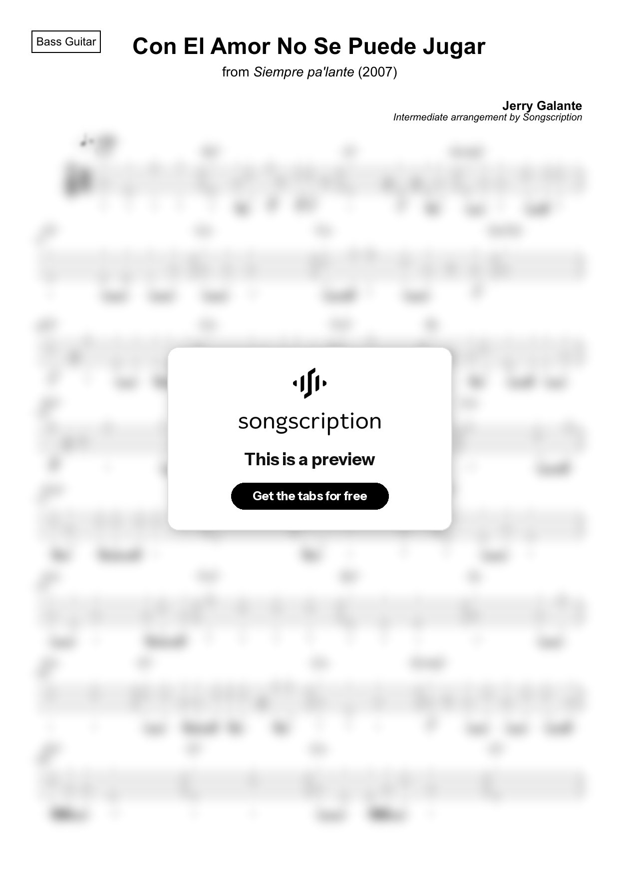 Intermediate Bass Guitar Tabs for "Con El Amor No Se Puede Jugar" by Jerry Galante
