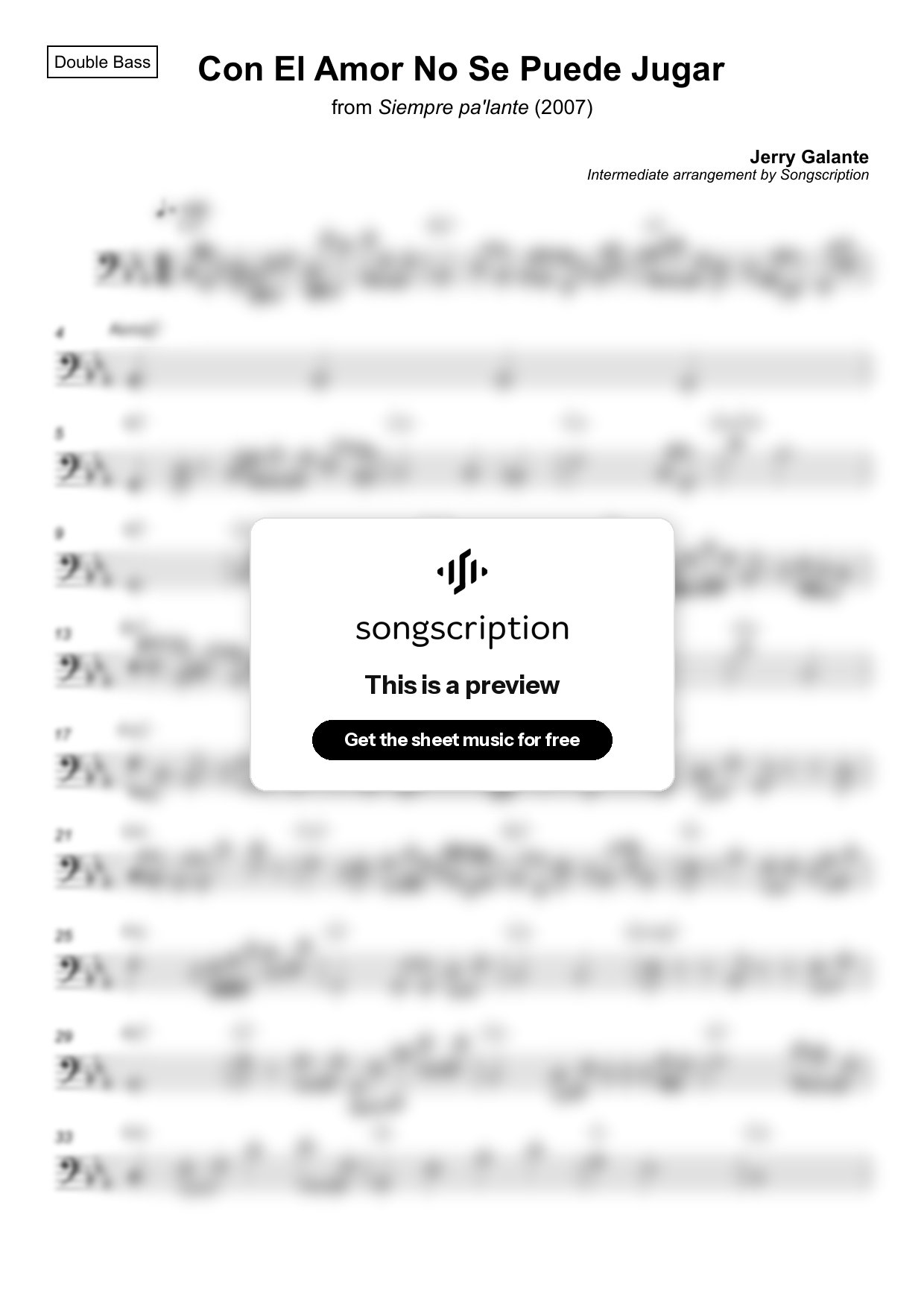 Intermediate Double Bass Sheet Music for "Con El Amor No Se Puede Jugar" by Jerry Galante