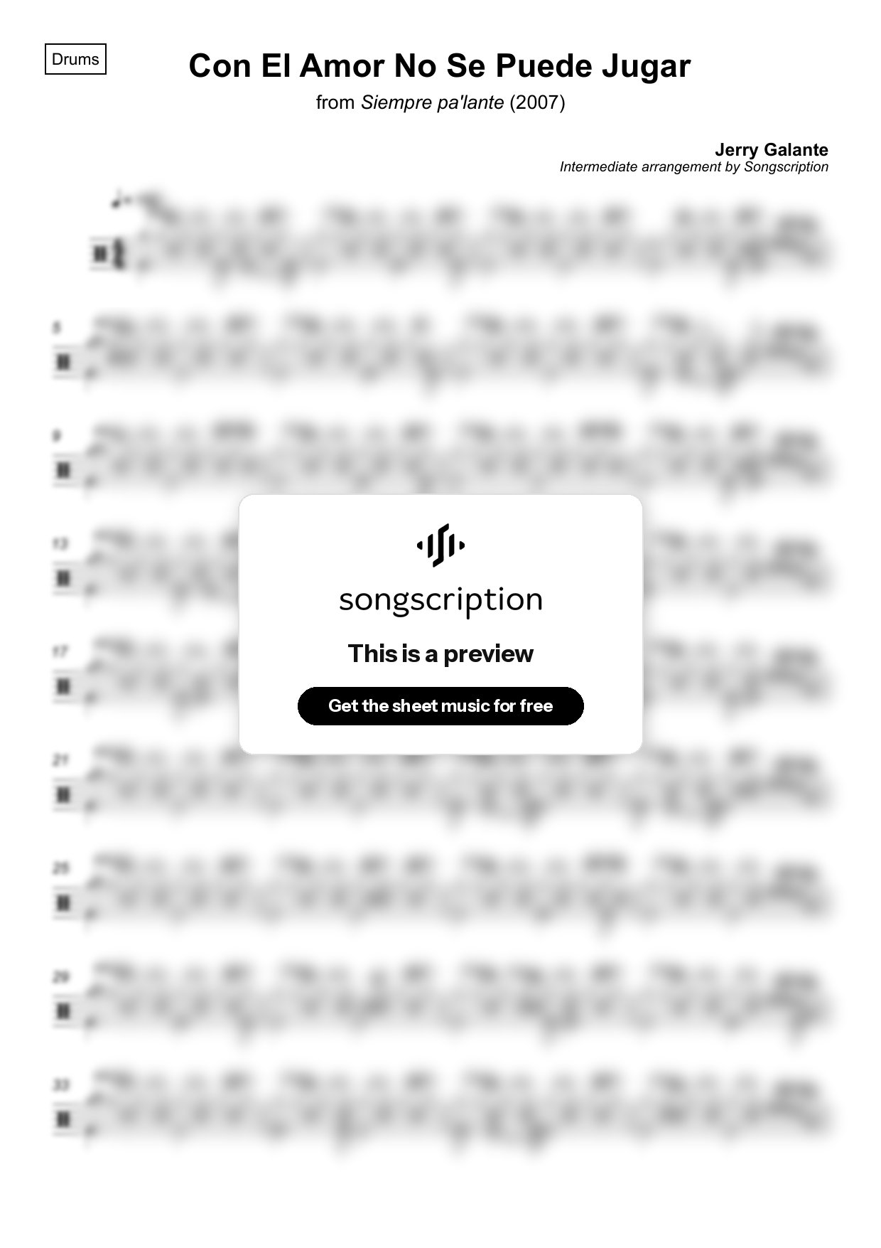 Intermediate Drums Sheet Music for "Con El Amor No Se Puede Jugar" by Jerry Galante