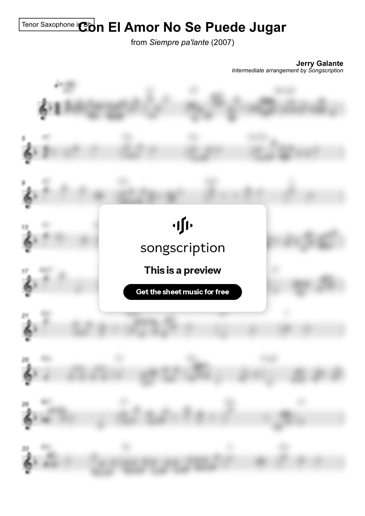 Intermediate Tenor Sax Sheet Music for "Con El Amor No Se Puede Jugar" by Jerry Galante