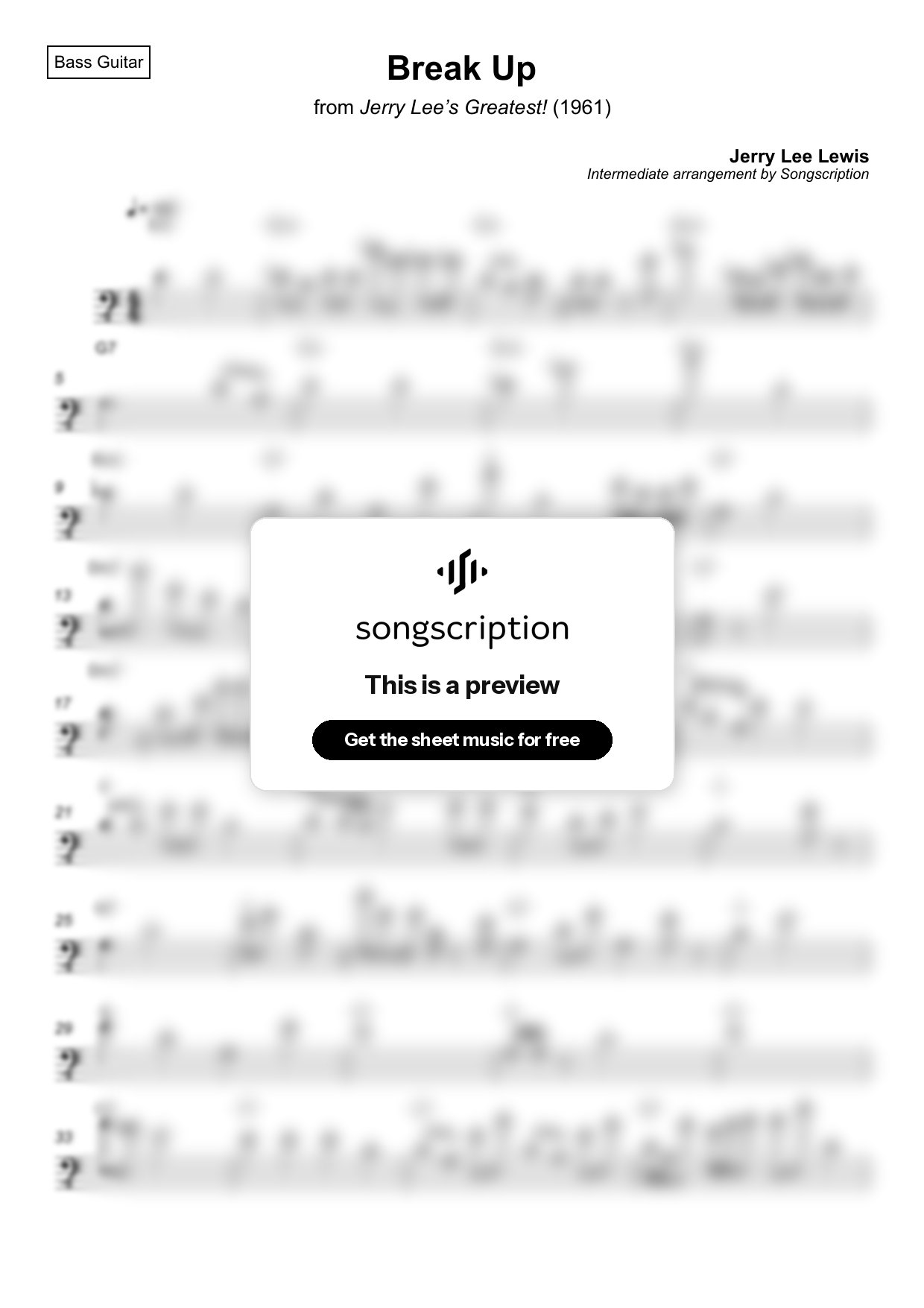 Intermediate Bass Guitar Sheet Music for "Break Up" by Jerry Lee Lewis