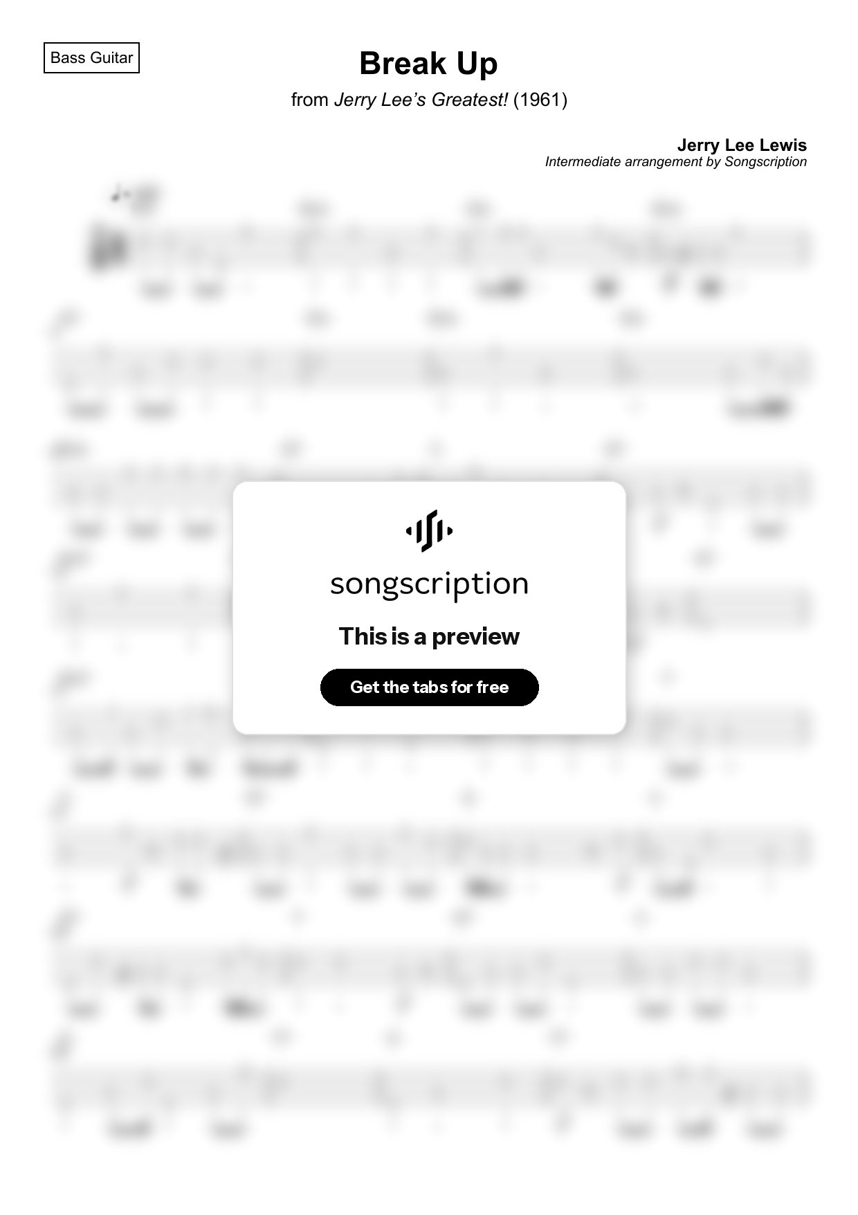 Intermediate Bass Guitar Tabs for "Break Up" by Jerry Lee Lewis