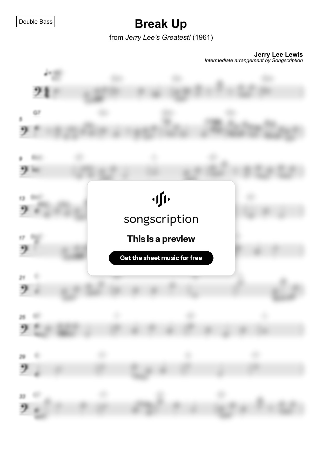 Intermediate Double Bass Sheet Music for "Break Up" by Jerry Lee Lewis