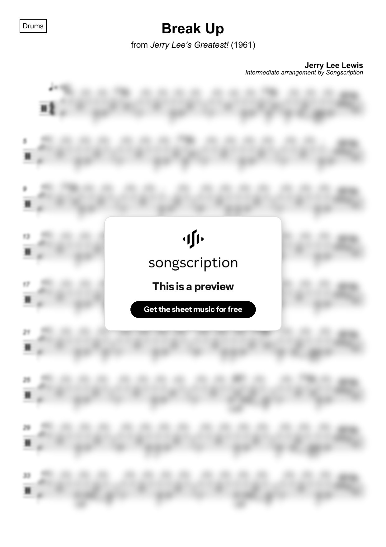 Intermediate Drums Sheet Music for "Break Up" by Jerry Lee Lewis