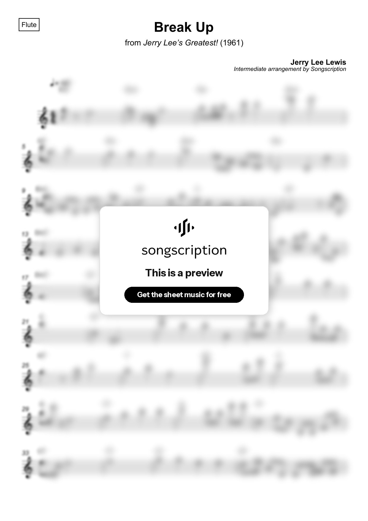 Intermediate Flute Sheet Music for "Break Up" by Jerry Lee Lewis