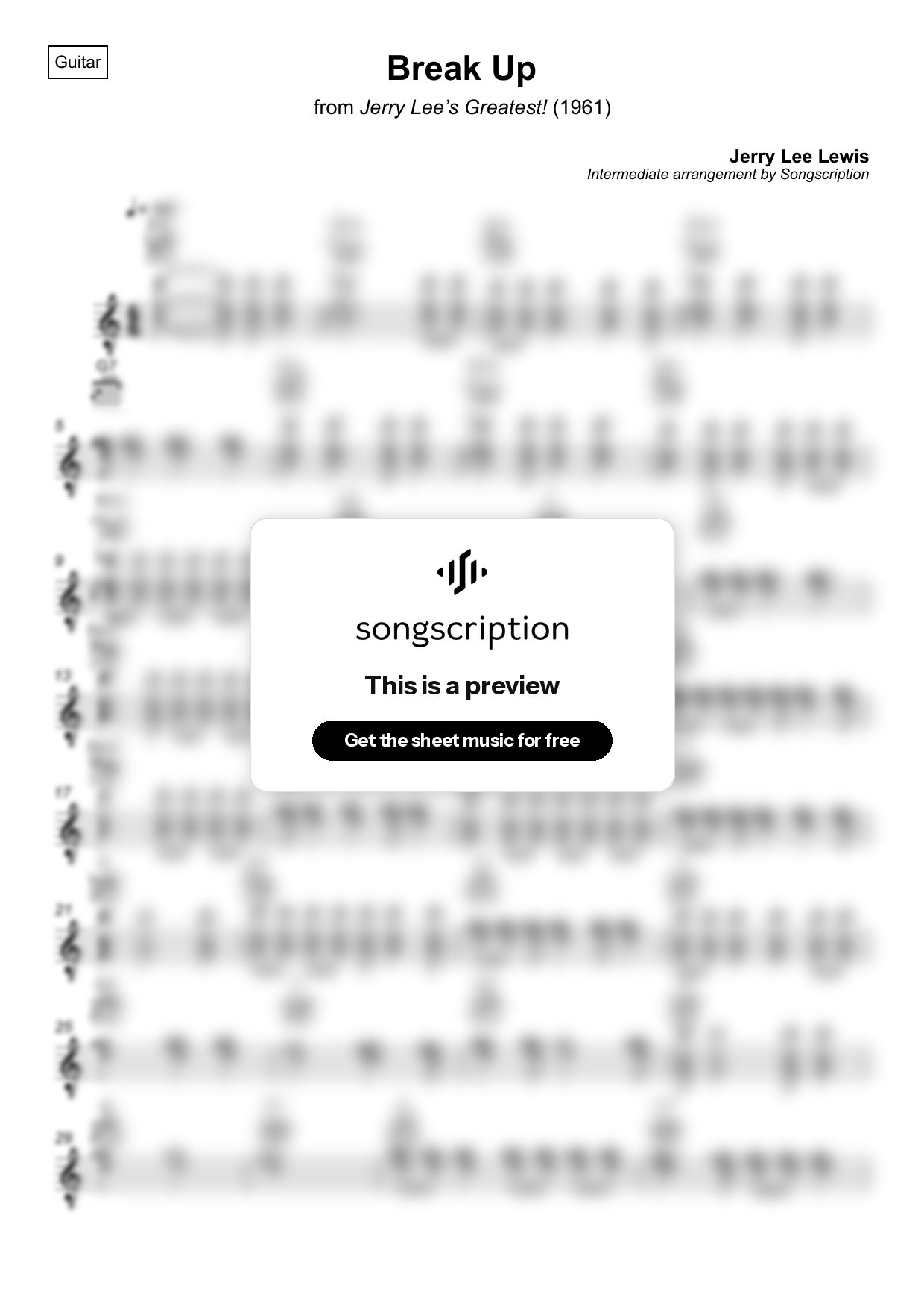 Intermediate Acoustic Guitar Sheet Music for "Break Up" by Jerry Lee Lewis