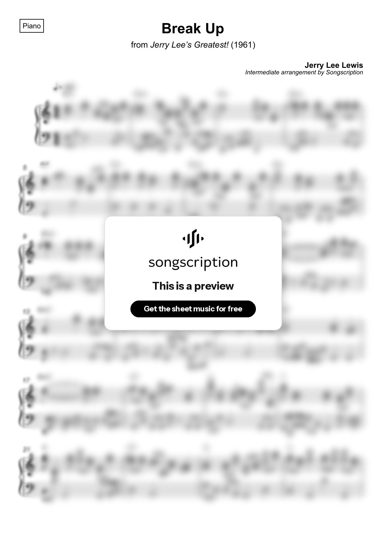 Intermediate Piano Sheet Music for "Break Up" by Jerry Lee Lewis