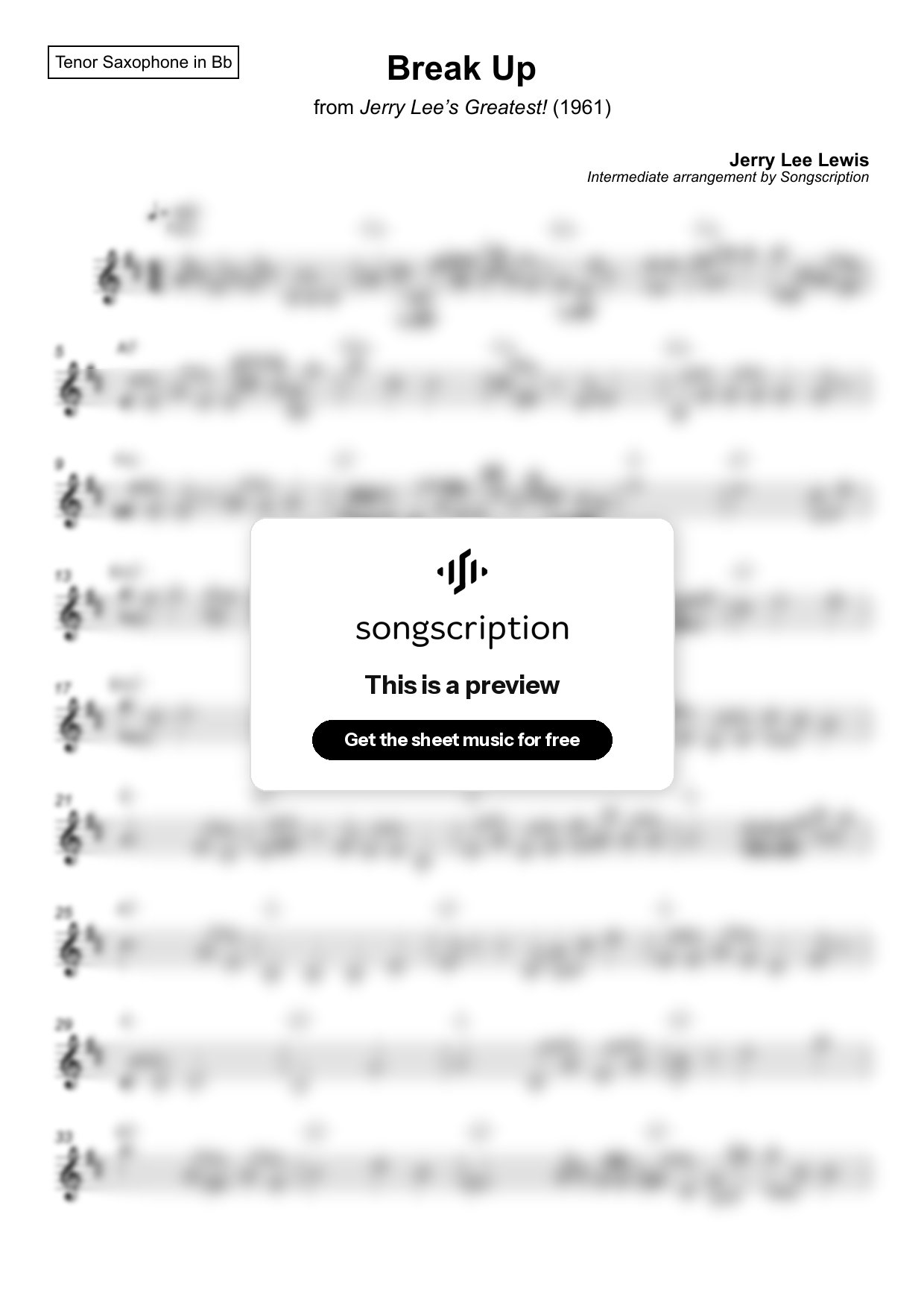 Intermediate Tenor Sax Sheet Music for "Break Up" by Jerry Lee Lewis