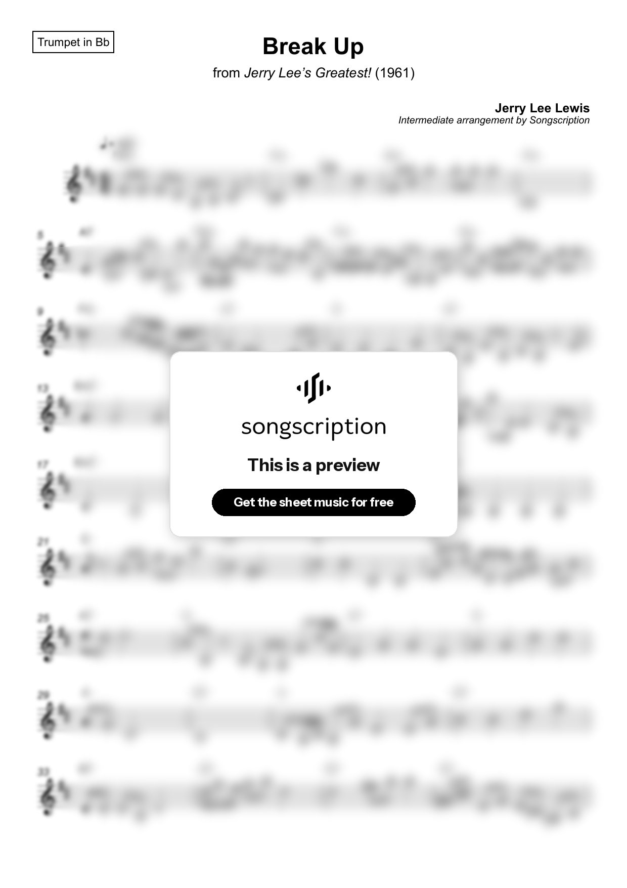 Intermediate Trumpet Sheet Music for "Break Up" by Jerry Lee Lewis