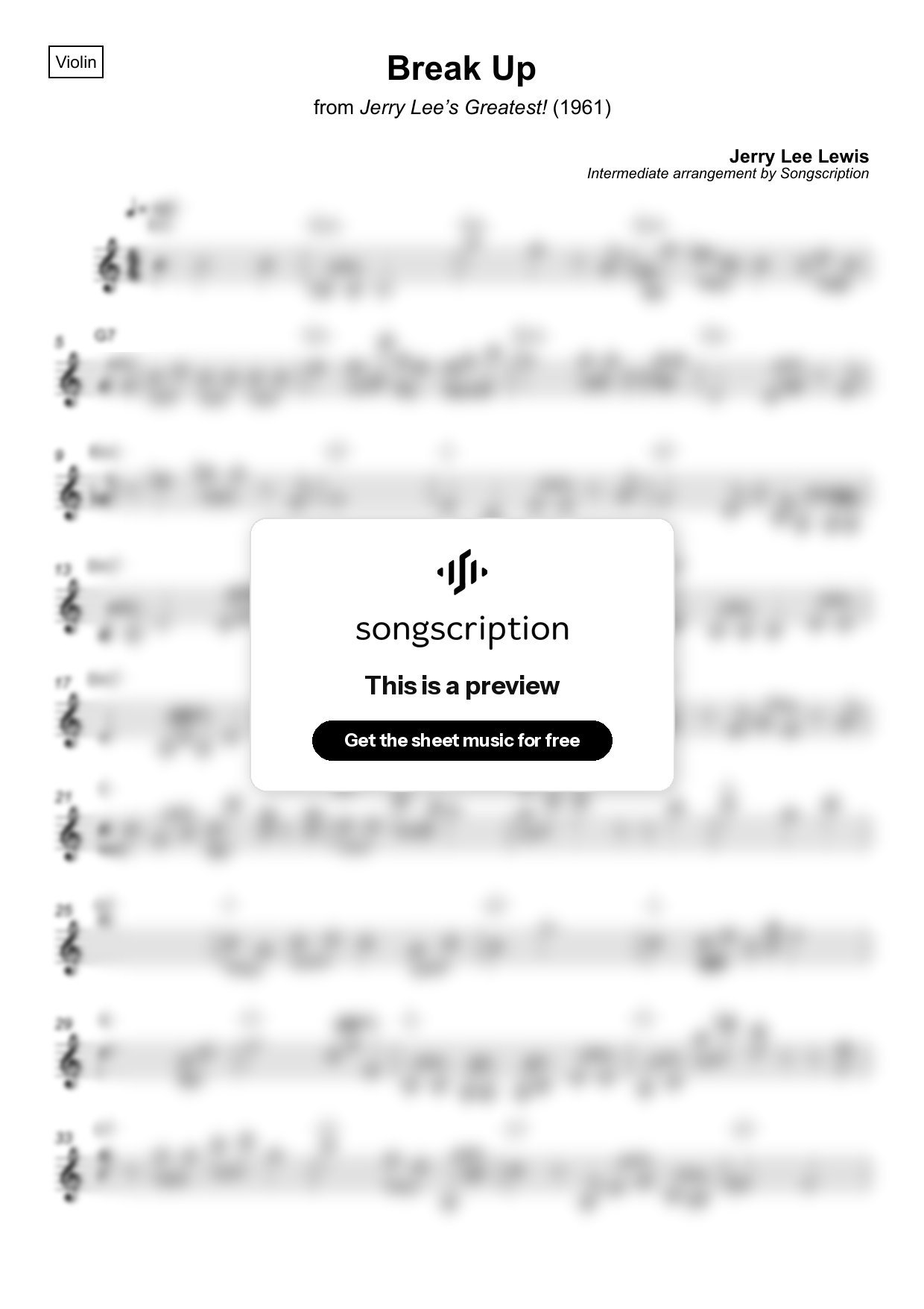 Intermediate Violin Sheet Music for "Break Up" by Jerry Lee Lewis