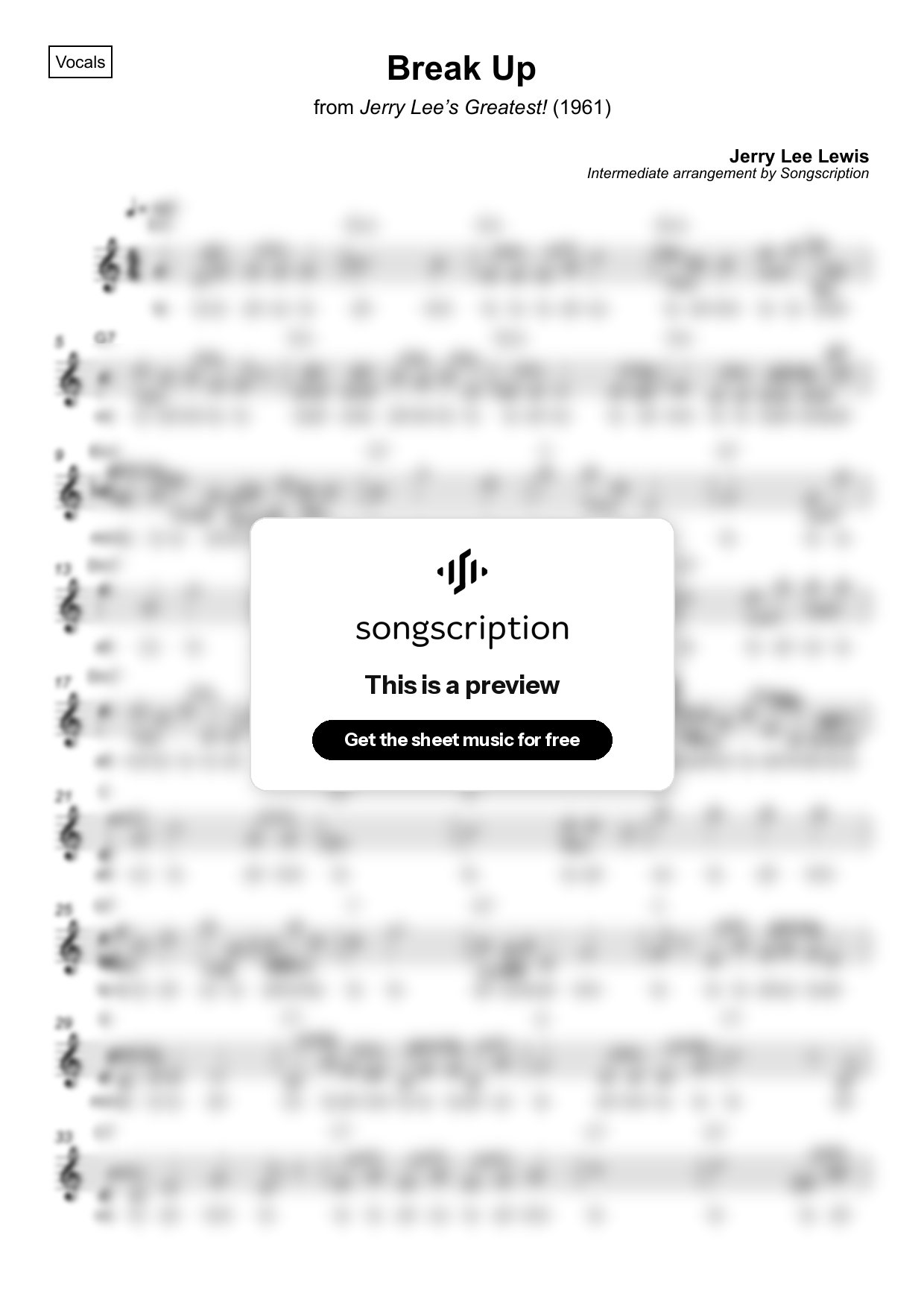 Intermediate Vocals Sheet Music for "Break Up" by Jerry Lee Lewis
