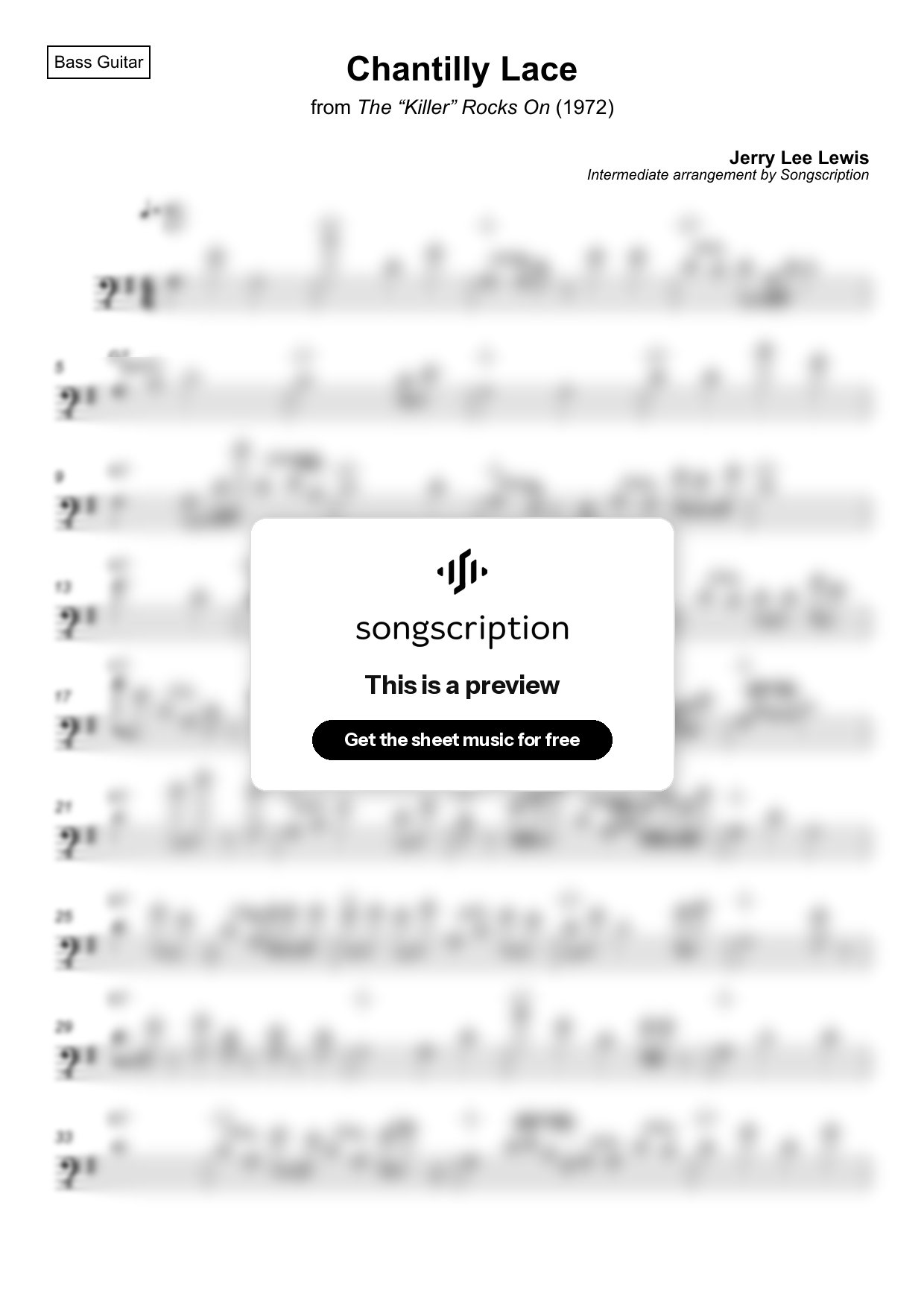 Intermediate Bass Guitar Sheet Music for "Chantilly Lace" by Jerry Lee Lewis
