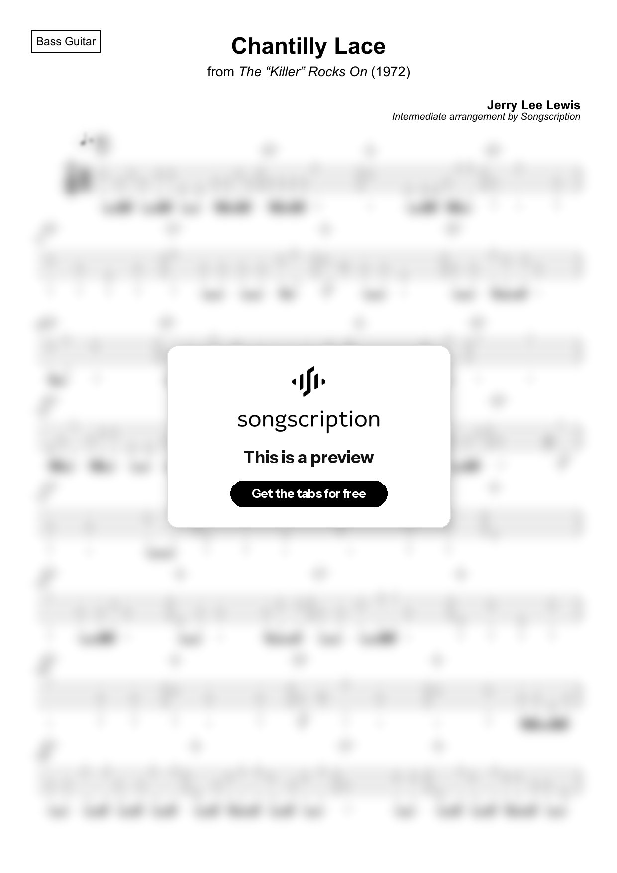 Intermediate Bass Guitar Tabs for "Chantilly Lace" by Jerry Lee Lewis