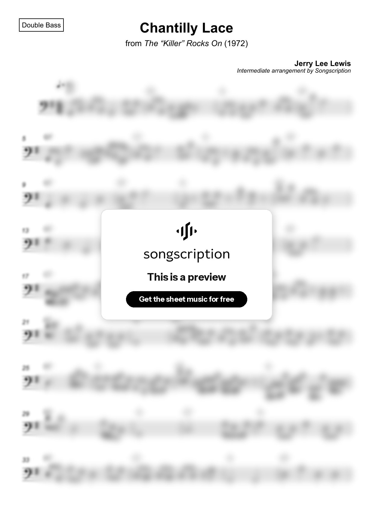 Intermediate Double Bass Sheet Music for "Chantilly Lace" by Jerry Lee Lewis
