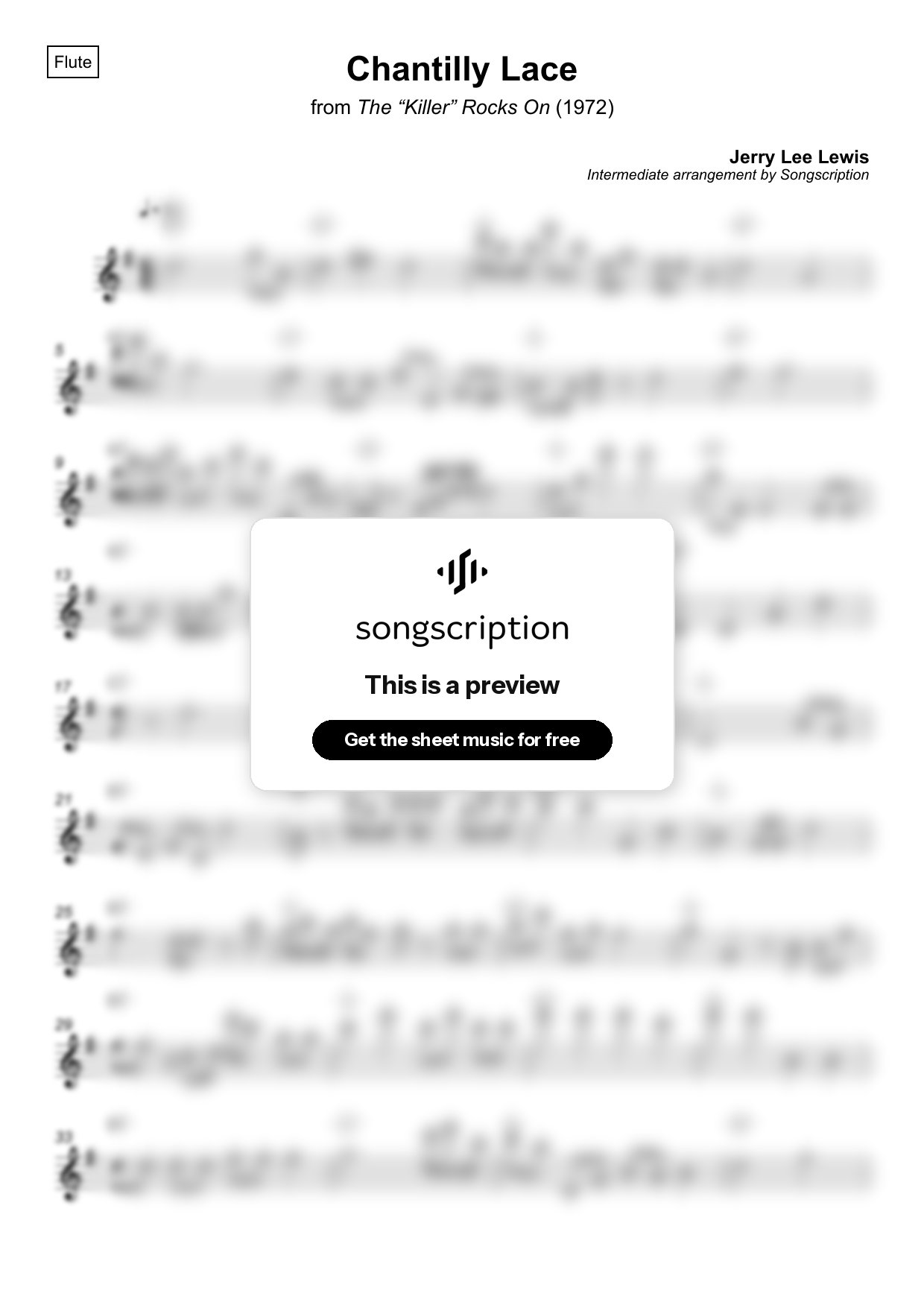 Intermediate Flute Sheet Music for "Chantilly Lace" by Jerry Lee Lewis