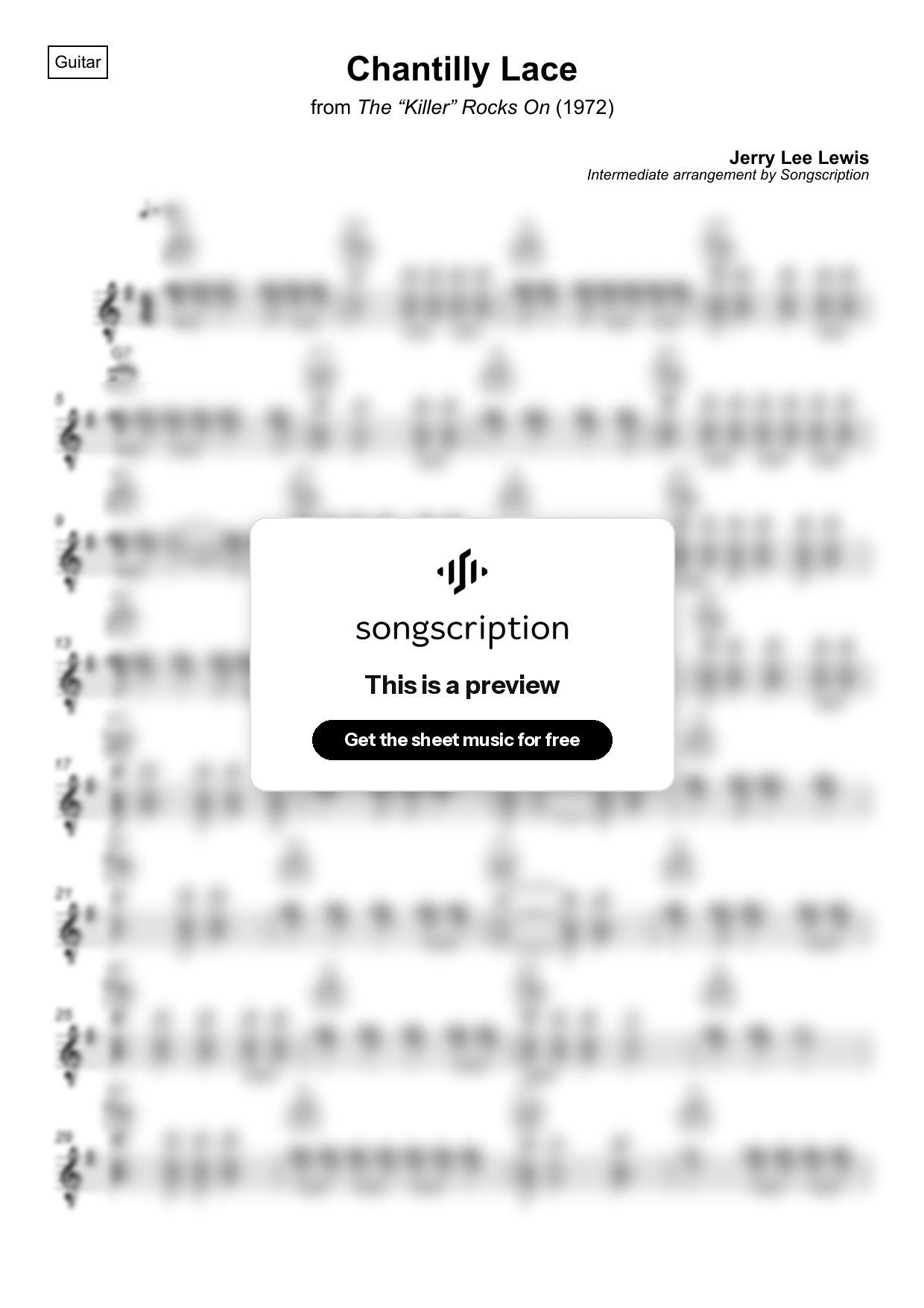 Intermediate Acoustic Guitar Sheet Music for "Chantilly Lace" by Jerry Lee Lewis