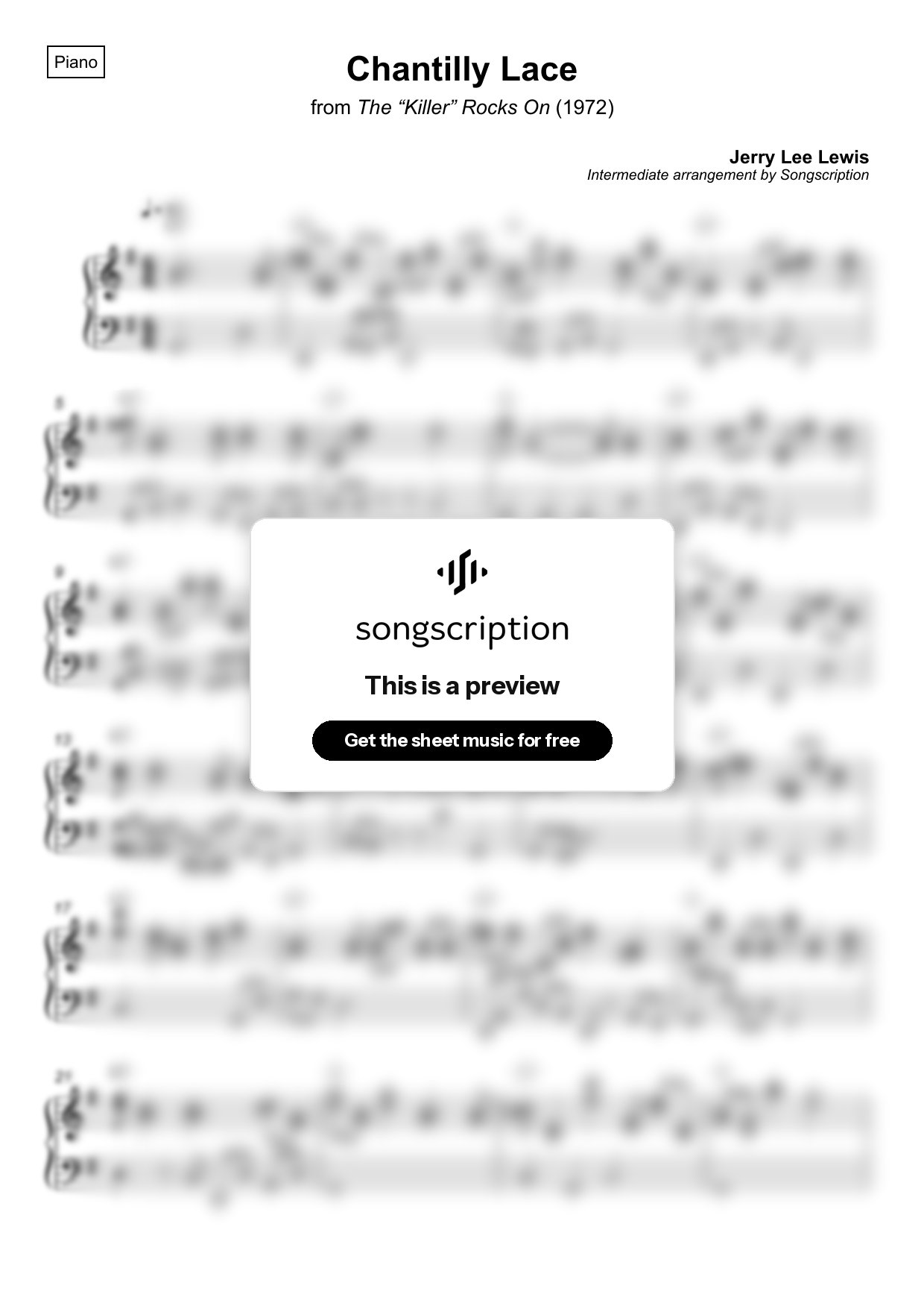 Intermediate Piano Sheet Music for "Chantilly Lace" by Jerry Lee Lewis