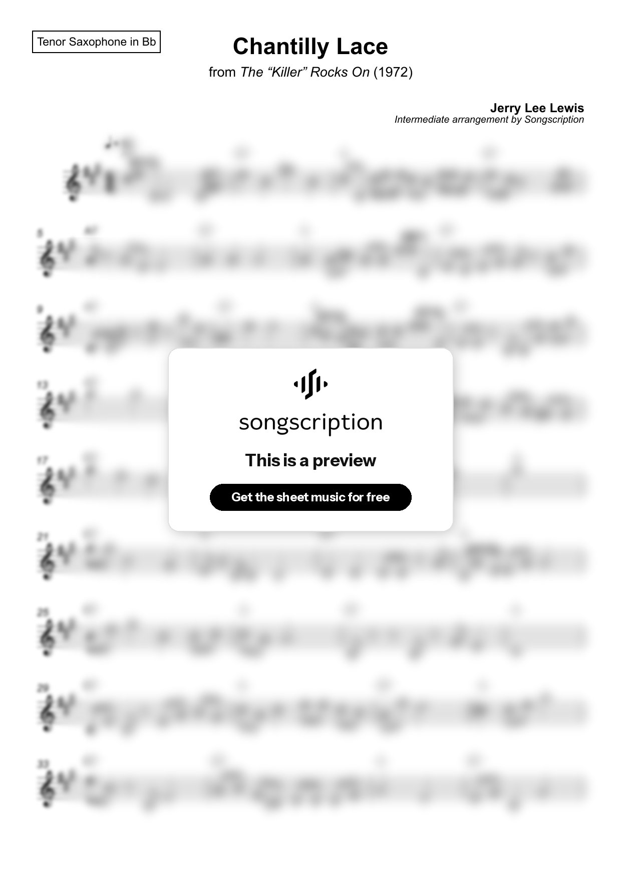 Intermediate Tenor Sax Sheet Music for "Chantilly Lace" by Jerry Lee Lewis