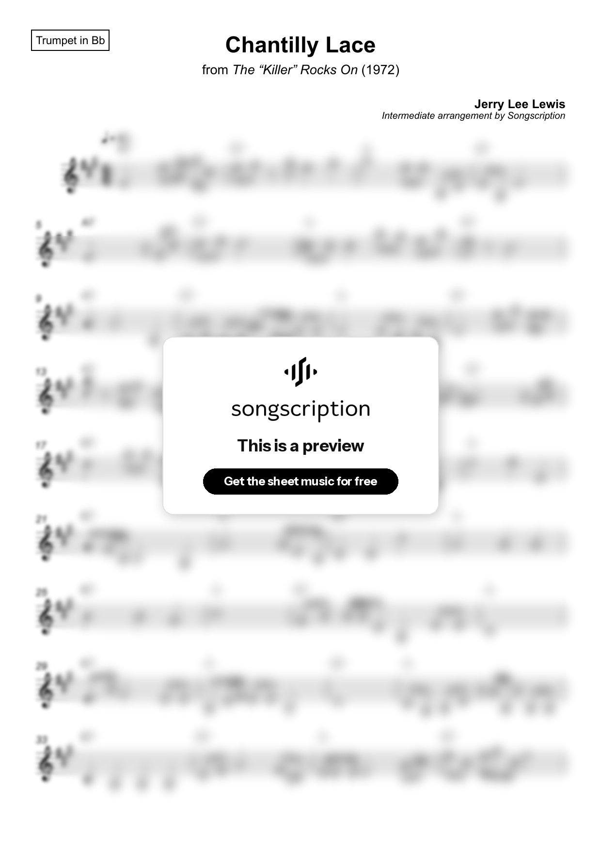 Intermediate Trumpet Sheet Music for "Chantilly Lace" by Jerry Lee Lewis