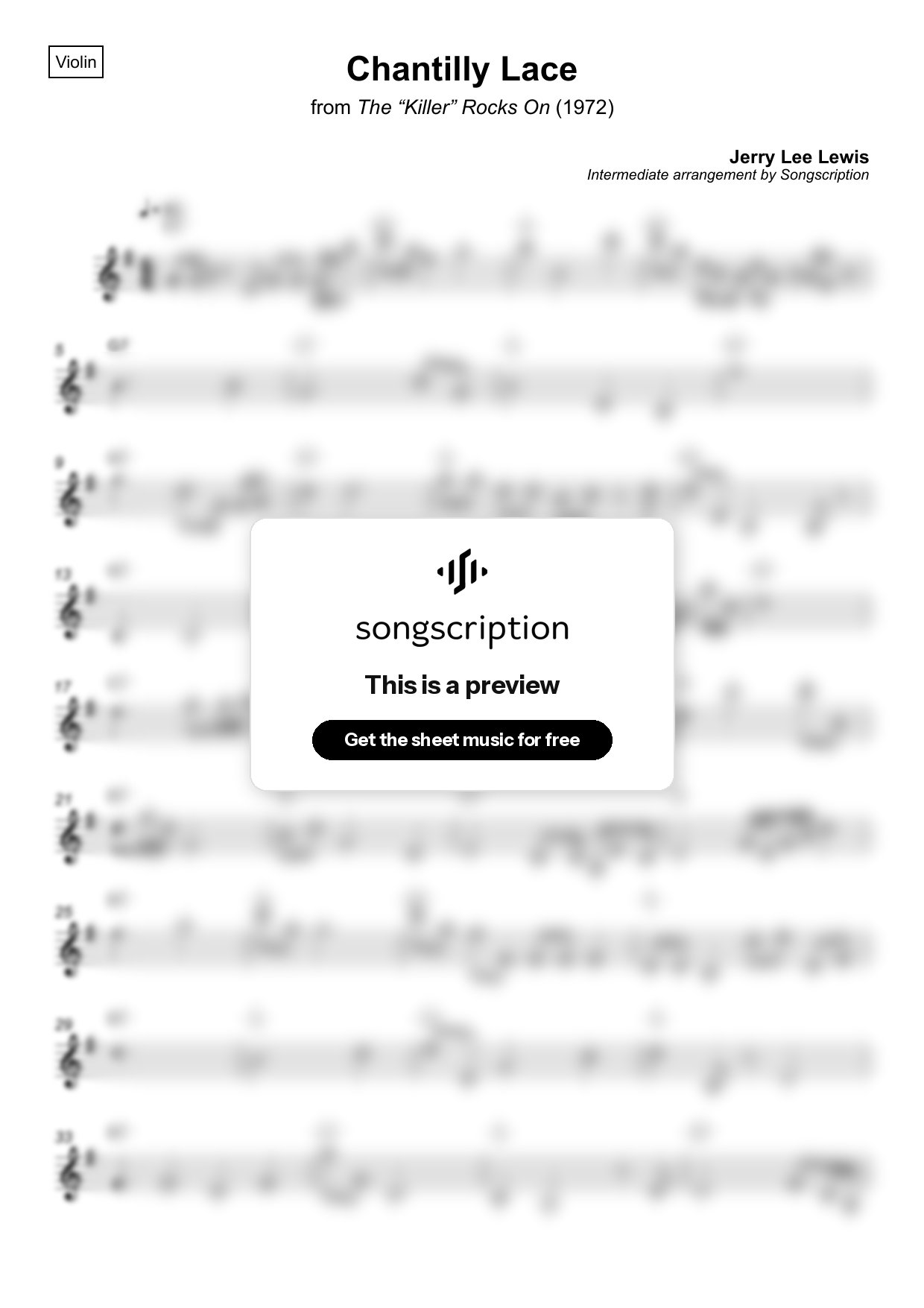 Intermediate Violin Sheet Music for "Chantilly Lace" by Jerry Lee Lewis